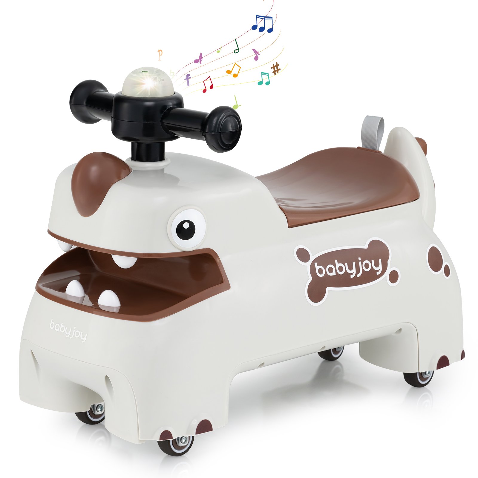 Väikelapse peal istutav mänguasjasõiduk millel on istme all panipaik tuled muusika ja signaal valge