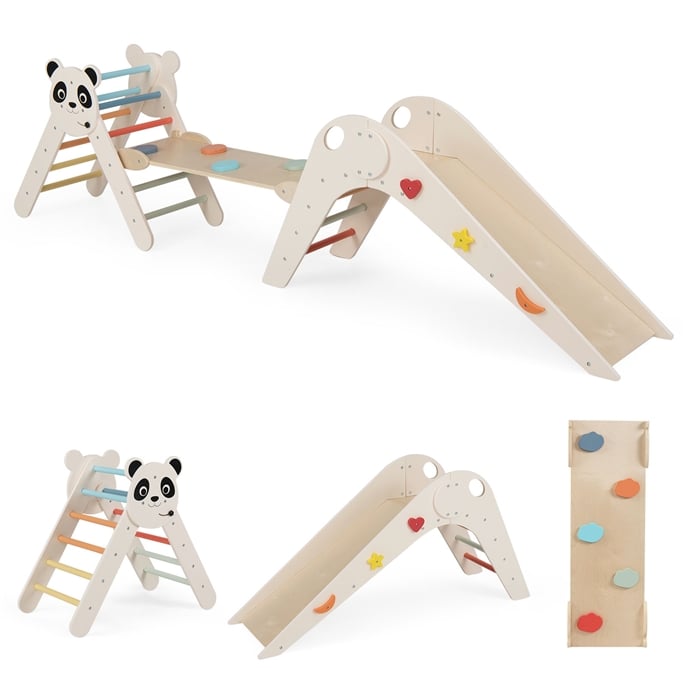 Puidust Montessori ronimiskomplekt: kokkupandav ronimiskolmnurk ja kahepoolne ramp-liumägi, armsa panda-motiiviga, beež