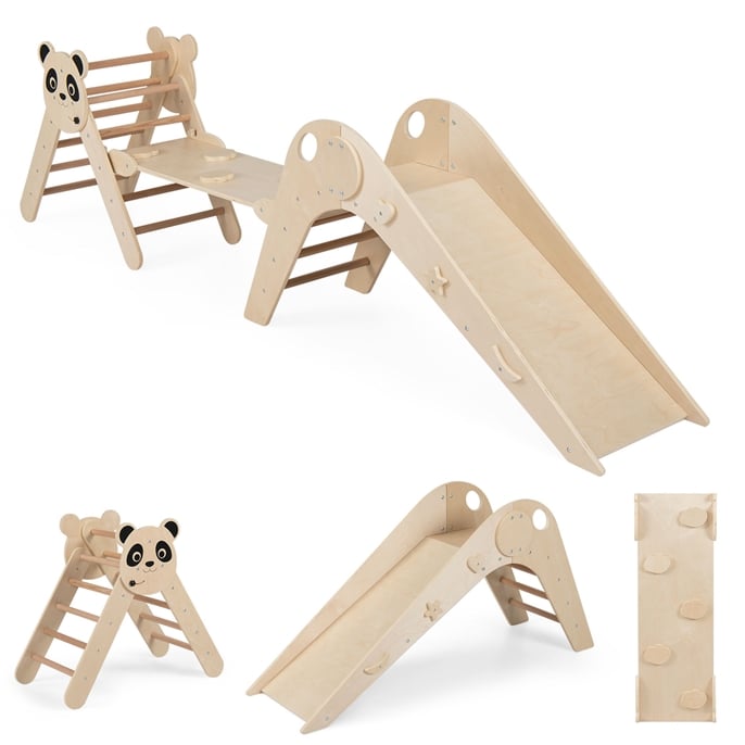 Puidust Montessori ronimiskomplekt: kokkupandav ronimiskolmnurk ja kahepoolne ramp-liumägi, armsa panda-motiiviga, naturaalne