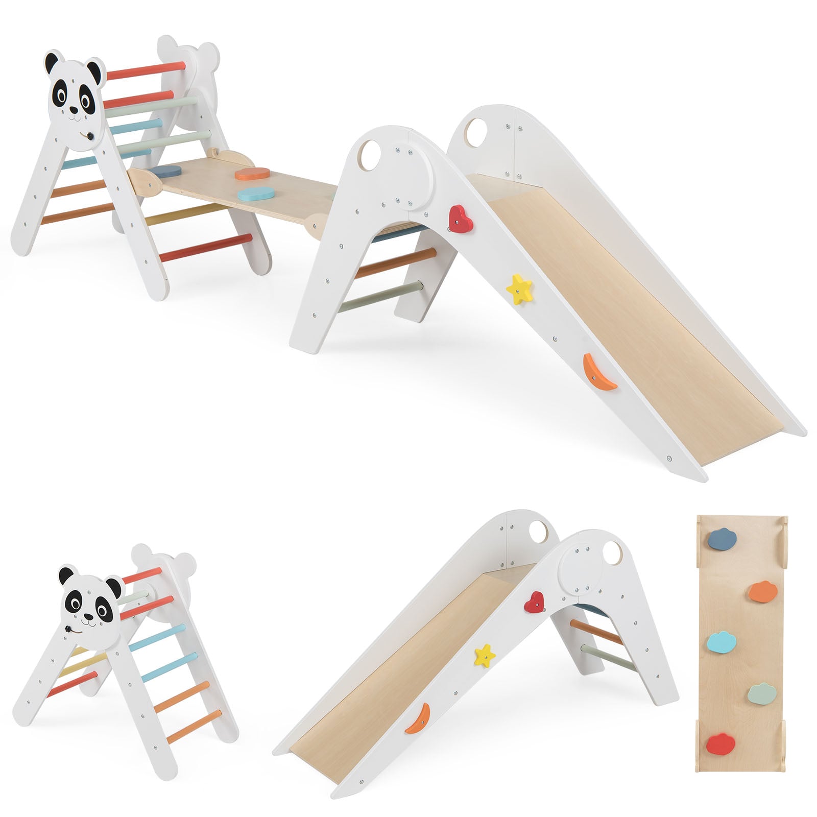 Puidust Montessori ronimiskomplekt: kokkupandav ronimiskolmnurk ja kahepoolne ramp-liumägi, armsa panda-motiiviga, valge