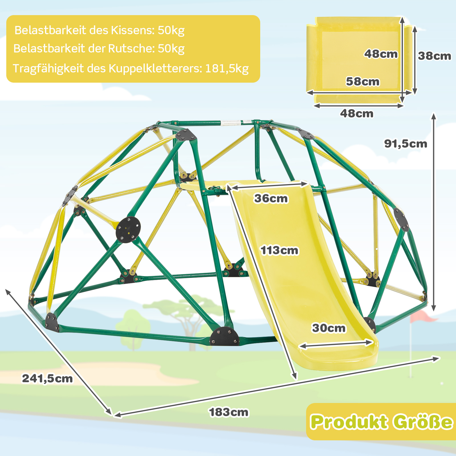 Ronimiskupliga liumägi 180 kg kandevõimega kuplikujuline ronimisraam roheline kollane