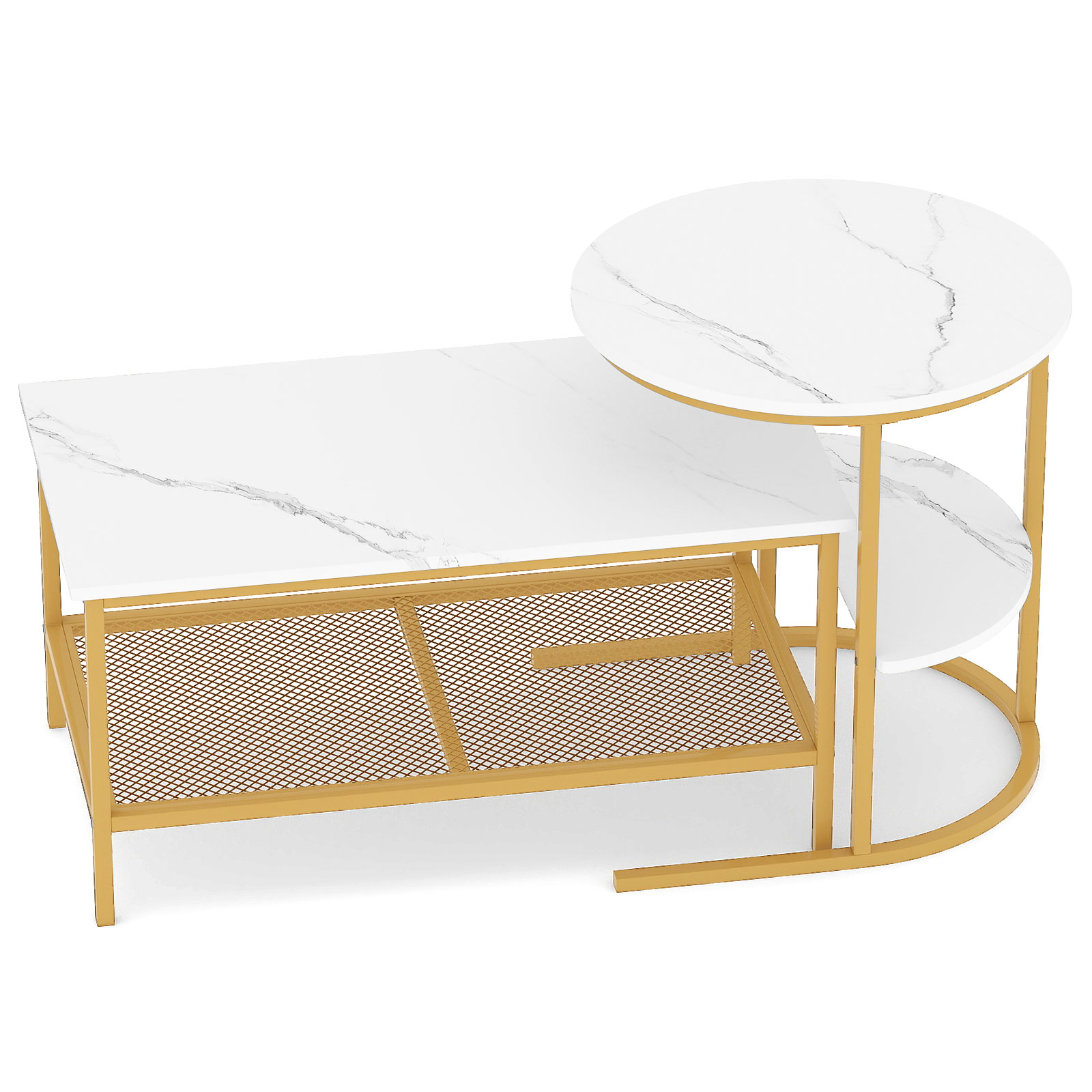 Kombineeritavad kohvilauad, kaheosaline kohvilauakomplekt kunstmarmorist pealispinnaga, valge