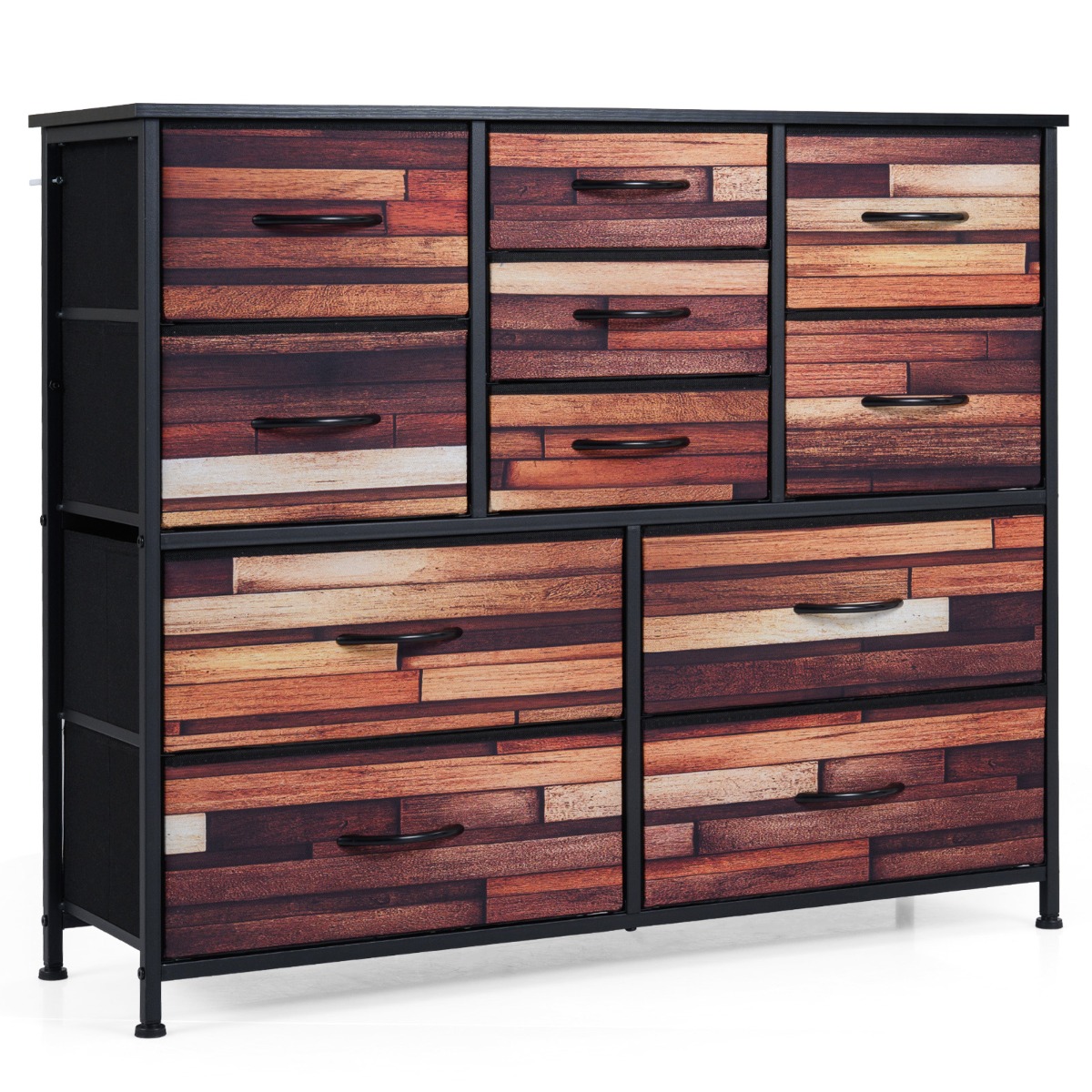 11 sahtliga kummut, riidest voodriga, metallraamiga ja puitpinnaga