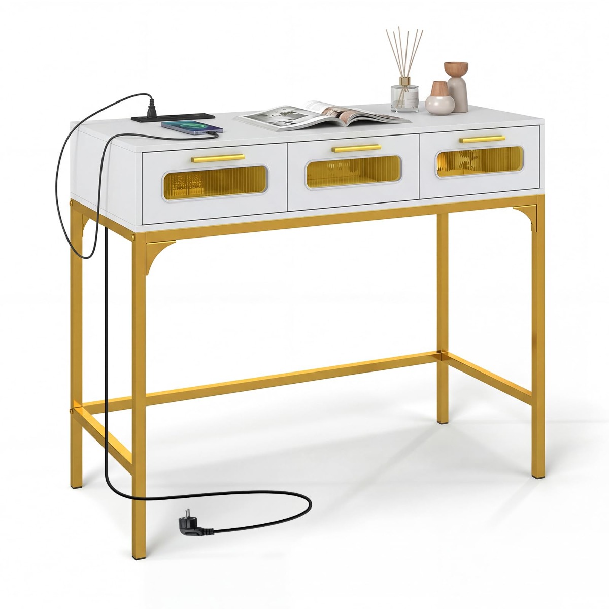 Konsoollaud, esikulaud LED-tulede ja laadimisjaamaga, kitsas diivanilaud, valge, 90 x 40 x 75 cm