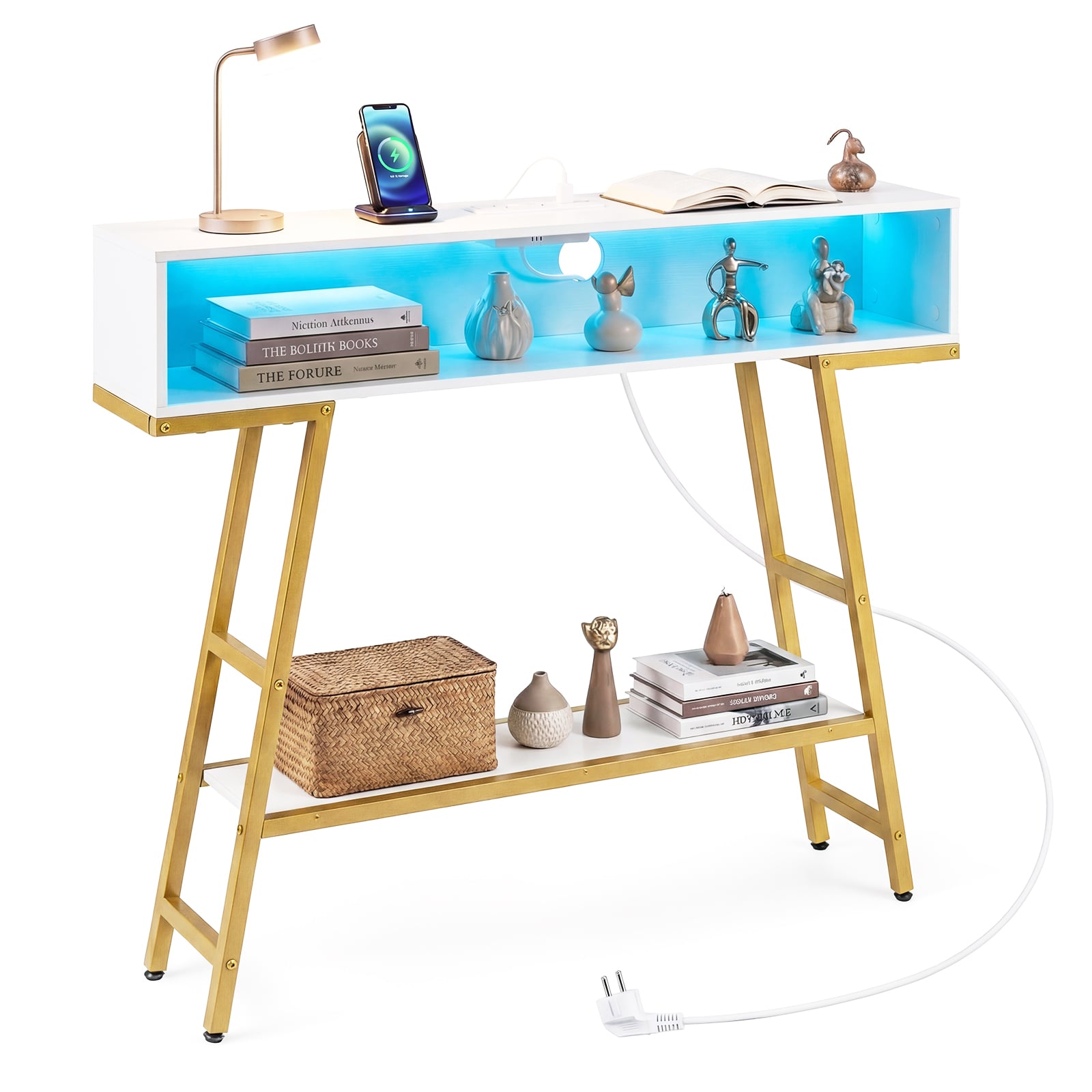 Konsoollaud LED-valgustuse ja laadimisjaamaga, 3-astmeline esikulaud, kitsas diivanilaud, valge