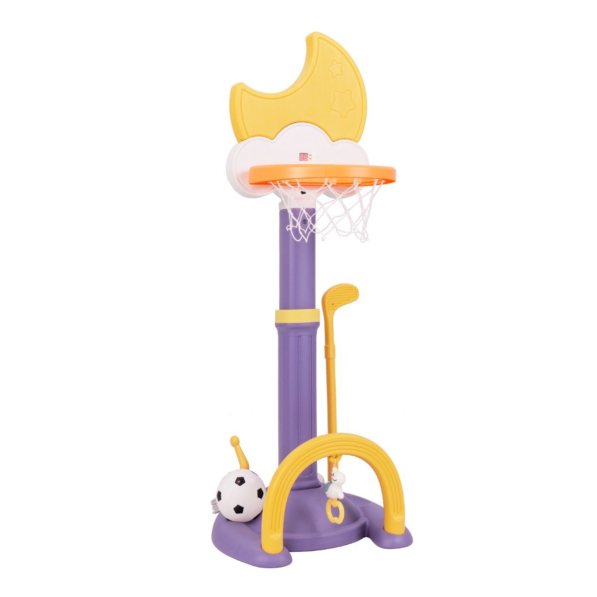 4 ühes laste korvpallikorvi komplekt koos korvpalli jalgpalli ja rõngaviskega kollane korvpallialus