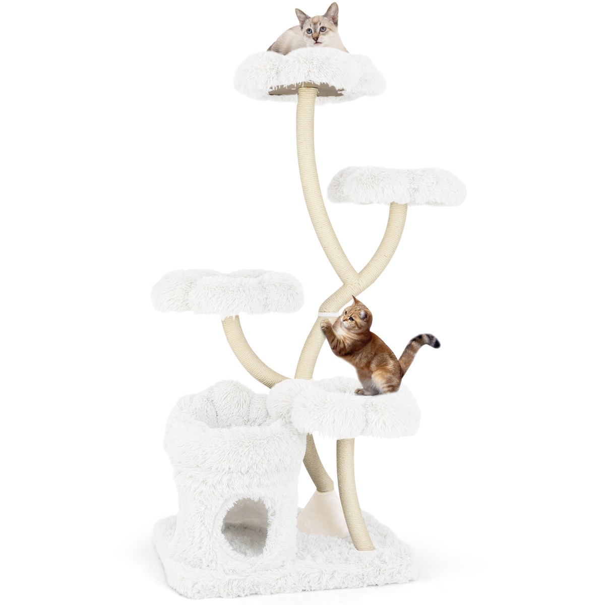 165 cm puidust kraapimispuu 4 sooja lamamispinna kassimajakese ja sisalpostidega valge kassipuu