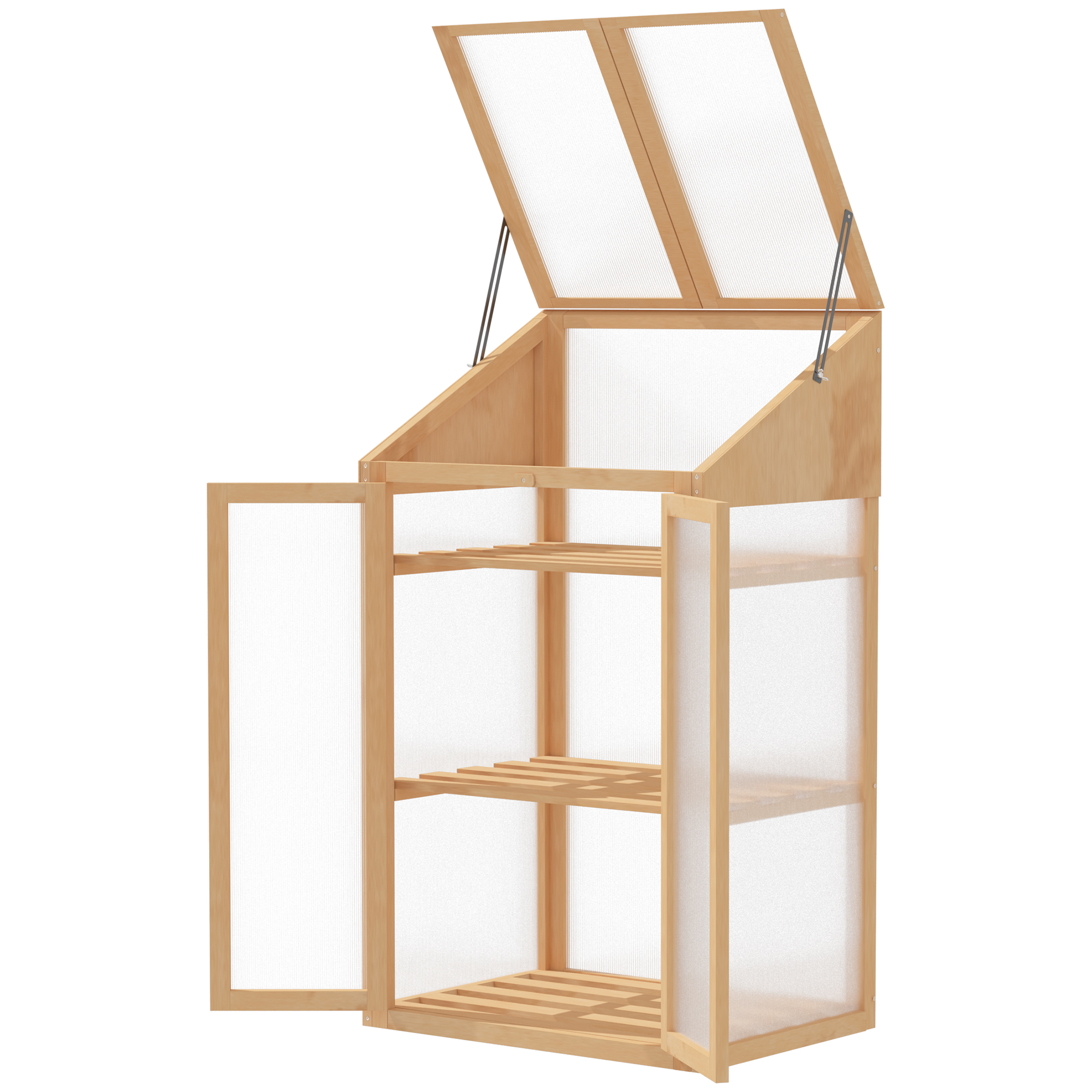 Minikasvuhoone, väike puitraamiga kasvuhoone akna ja topeltuksega, 3 riiulit, 70P x 50L x 120K cm, pruun