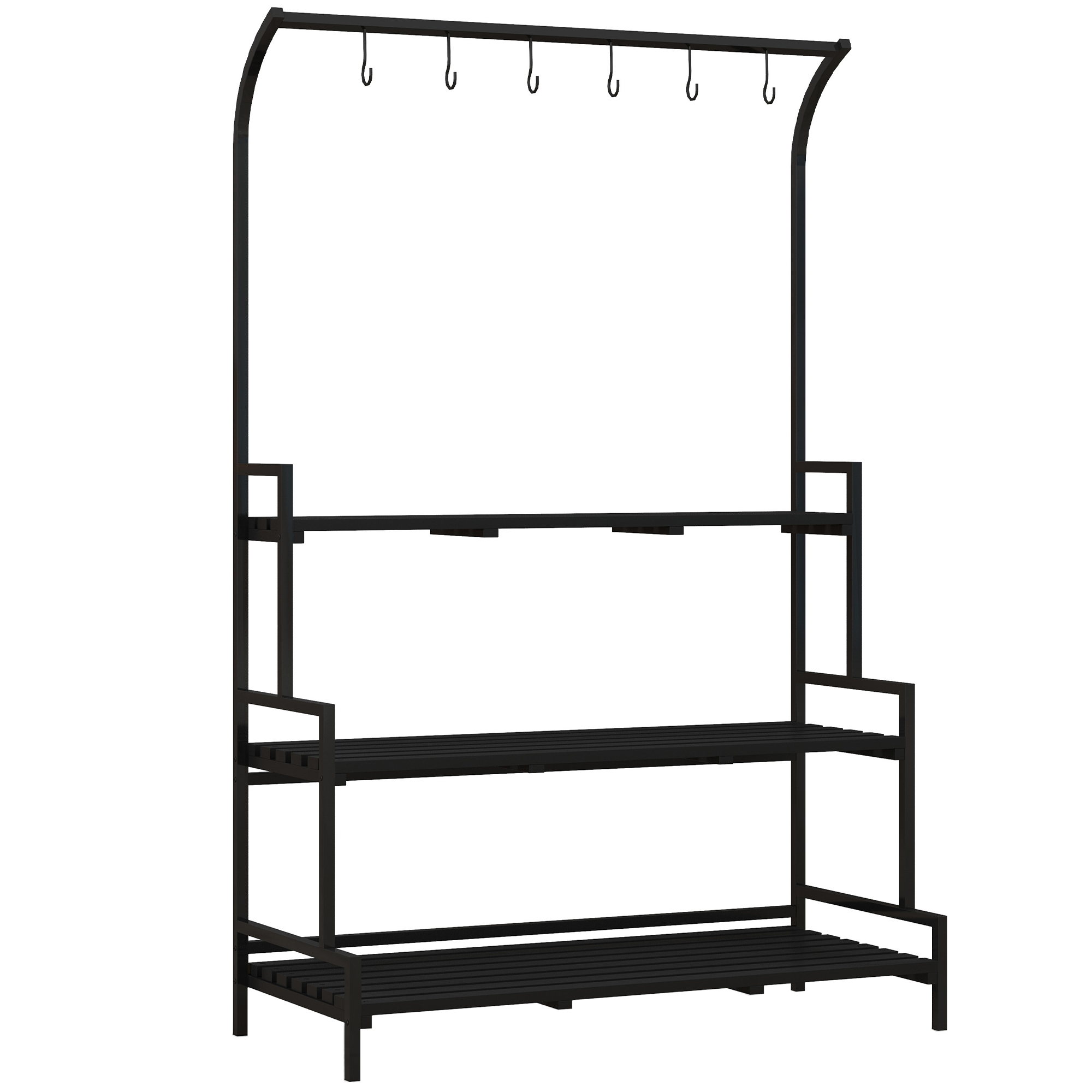 Lillepostament, 3 tasandit, 6 konksu, sise- ja välistingimustes kasutamiseks, metallraam, 170K x 110P x 50L cm, must