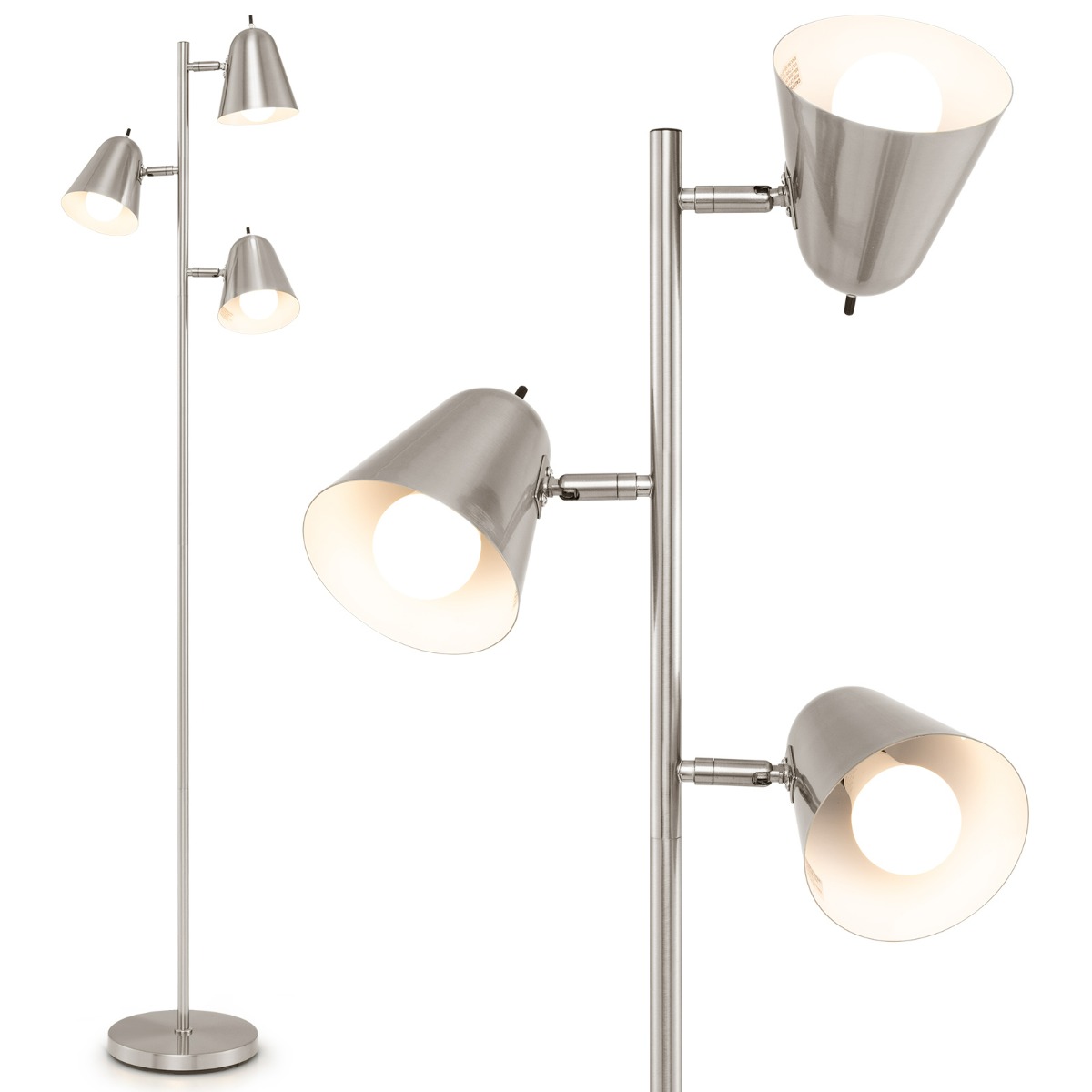 Kolme reguleeritava kupliga puukujuline põrandalamp ja hubane lugemislamp, tugeva metallstange ja raske alusega (163 cm) , hõbedane