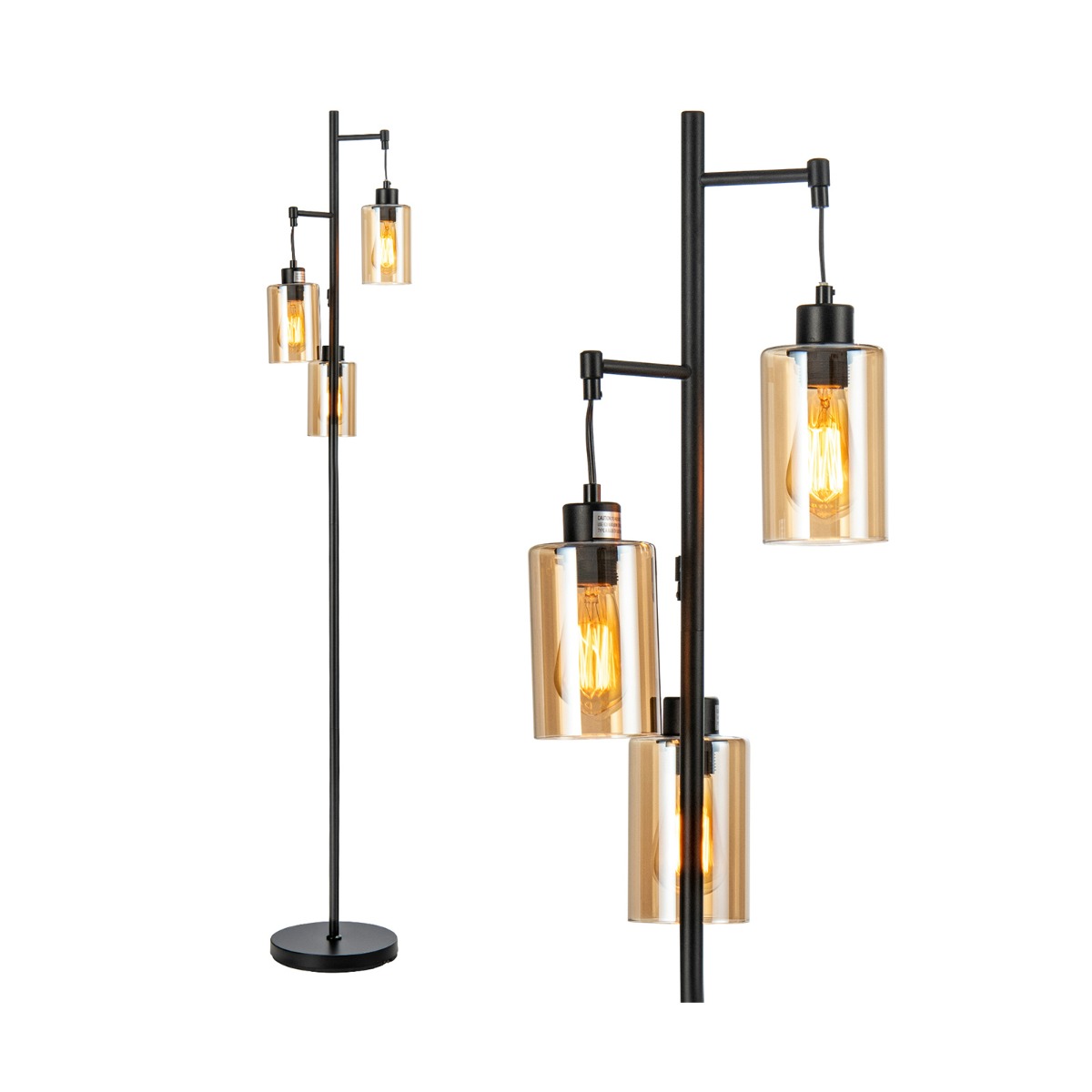Elegantse merevaigukarva klaasist kuplitega retro-põrandalamp, 3 rippuva valgustipeaga modernne valgusti metallalusel (164 cm) , must