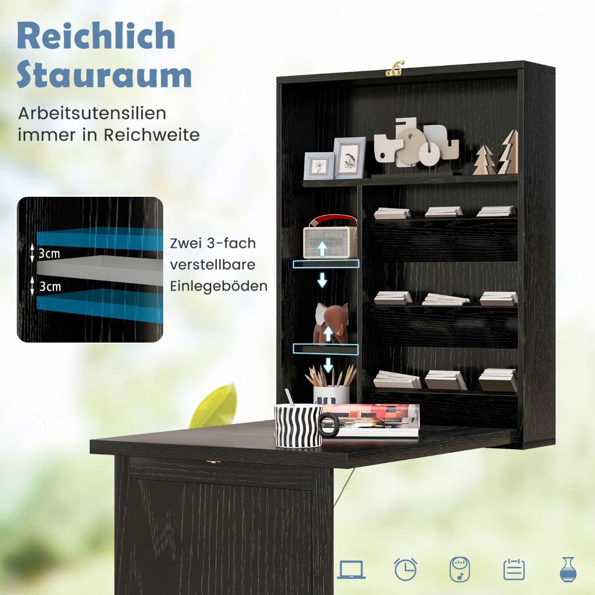 Seinariiuliga kokkupandav seinalaud ruumisäästlik must seinaklapplaud