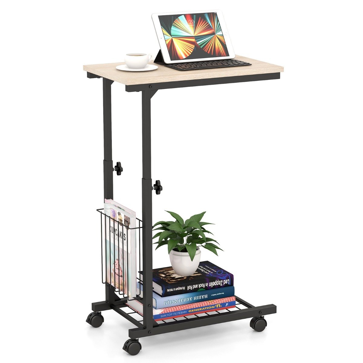 Reguleeritava kõrgusega sülearvutilaud hoiukorvi ja ratastega c-kujuline diivanilaud naturaalne