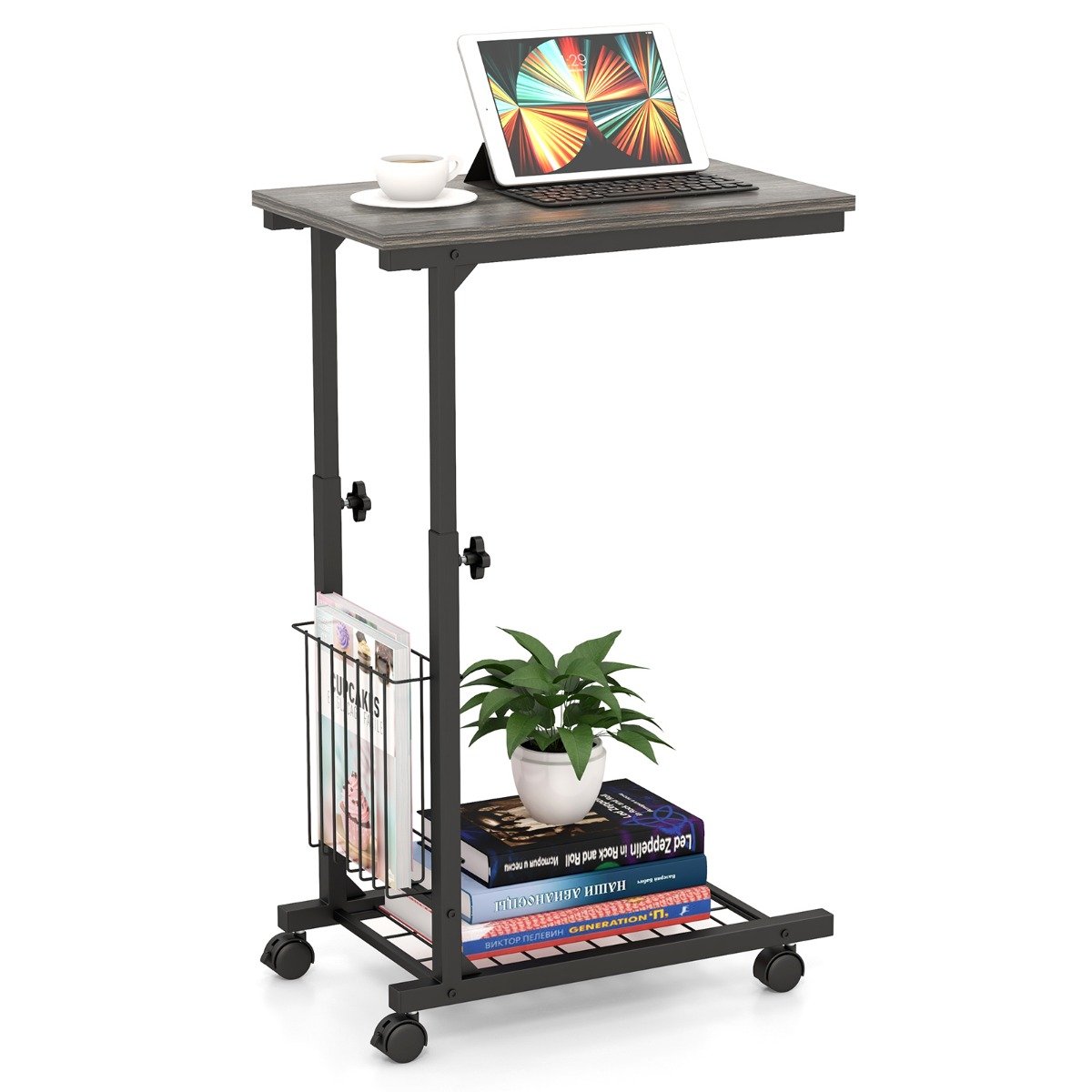 Kõrguse reguleeritav sülearvutilaud hoiukorvi ja ratastega c-kujuline diivanilaud hall