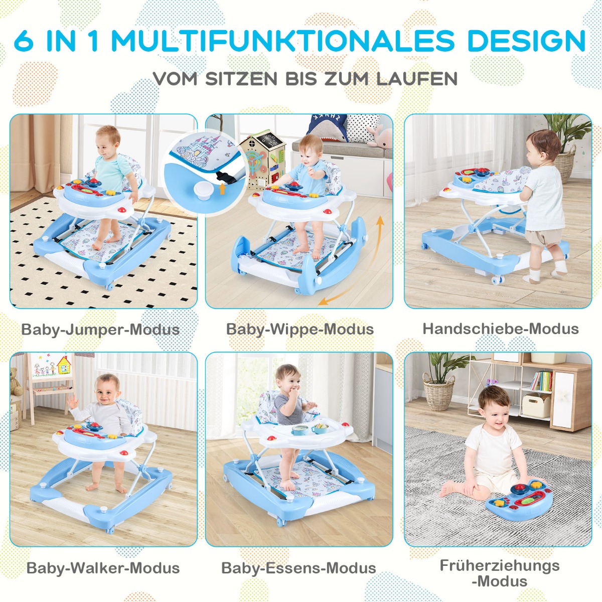 6-ühes käimistugi käimistool eemaldatava mängulaua ja jalatoega sinine