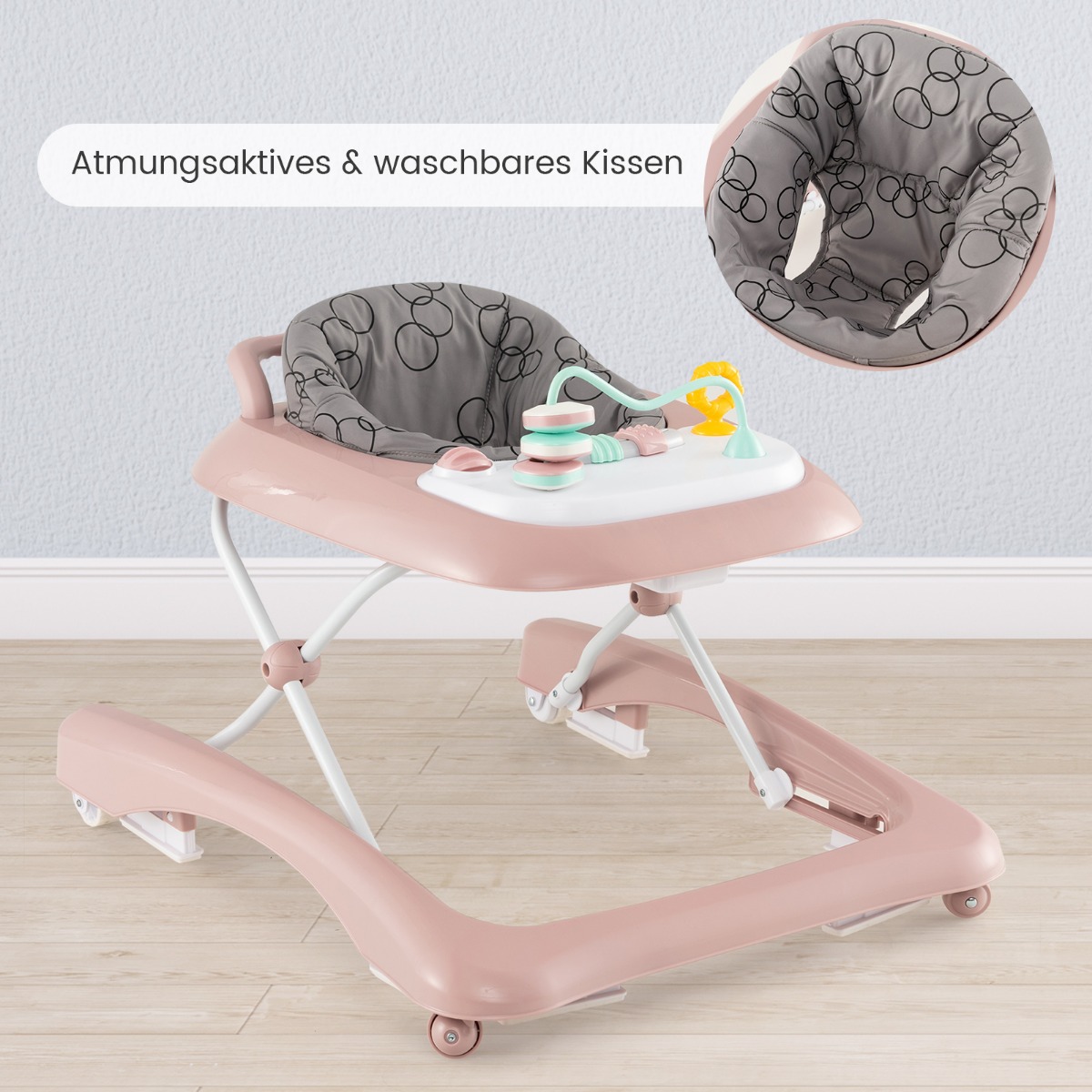 3-ühes kokkupandav käimistugi käimistool reguleeritava kõrguse ja kiirusega roosa