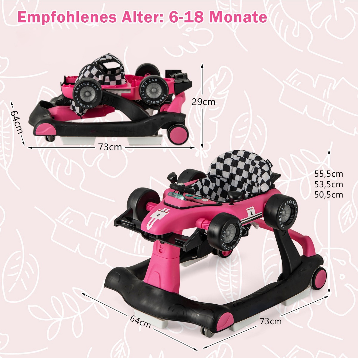 4-ühes kokkupandav käimistugi 73 x 64 x 505535555 cm tumeroosa