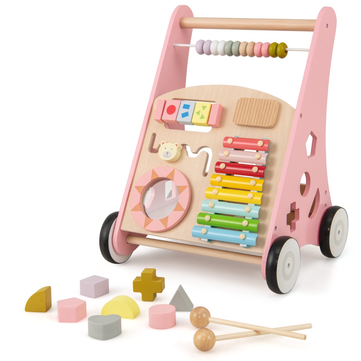 Holz beebi käimistugi siledate käepidemetega ja integreeritud mängutegevustega käimistugi roosa