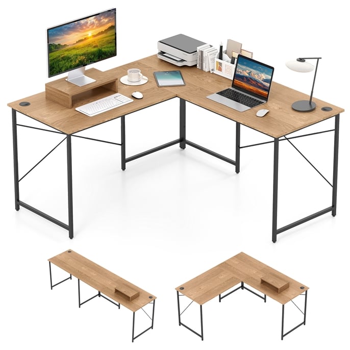 L-kujuline arvutilaud, teisaldatav nurgalaud eemaldatava monitorialusega, naturaalne viimistlus