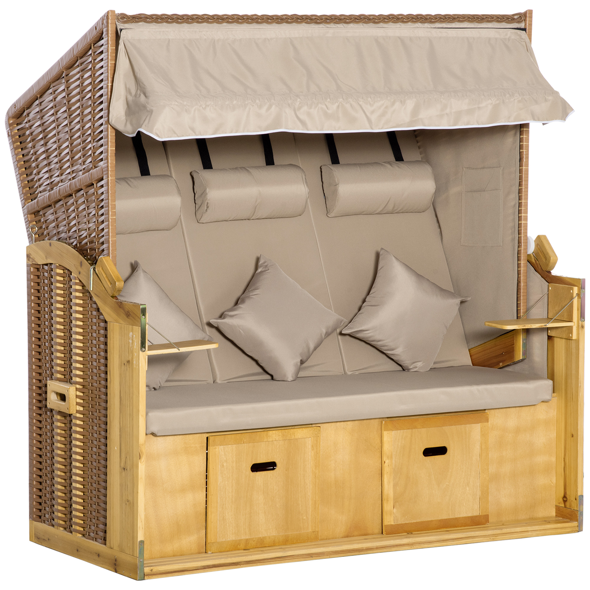 Ranna-/päevituslatt varikatusega, 2 kokkupandavat lauda, jalatugi, lamamistool, 5-positsiooniline reguleeritav seljatugi, XXL polürotang, naturaalne viimistlus, 150 x 79 x 160 cm