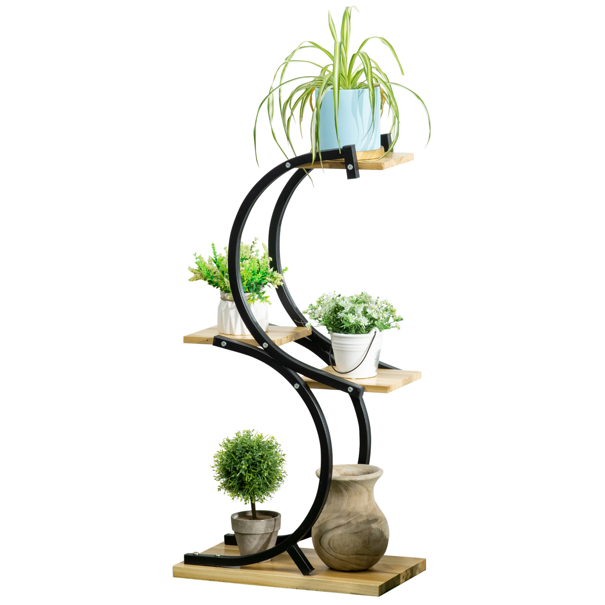 Outsunny lillealus 4 riiuliga, täispuidust, ilmastikukindel, 46 cm x 25 cm x 91 cm, must + naturaalne