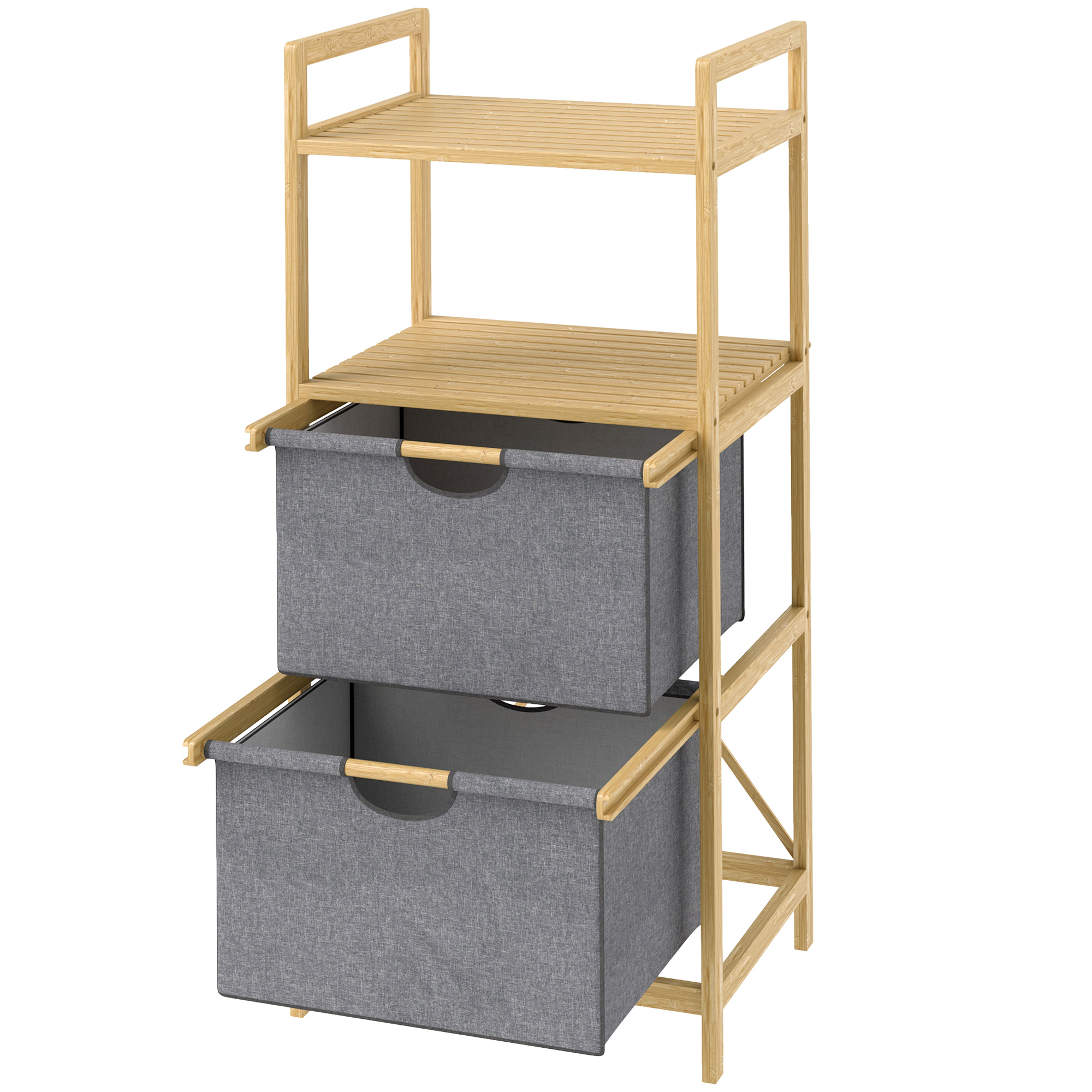 Bambusest pesuriiul kahe riidest pesukorviga, avatud riiulid, ruumisäästlik, naturaalne puit