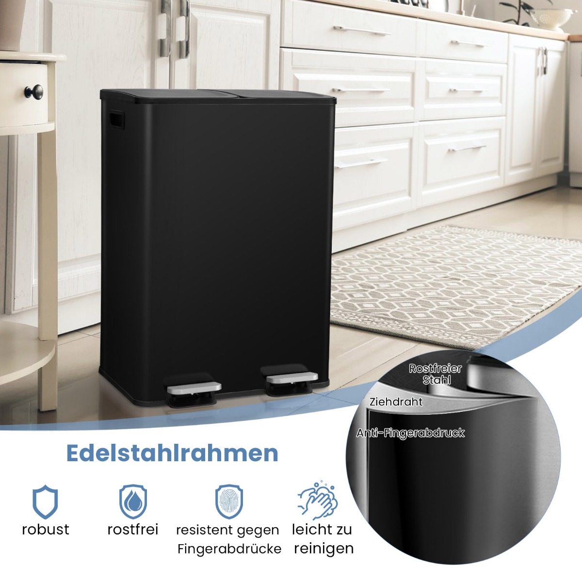 Kahe lahtriga pedaaliga prügikast kööki, vaikselt sulguva kaanega roostevabast terasest prügikast (2x30L), must