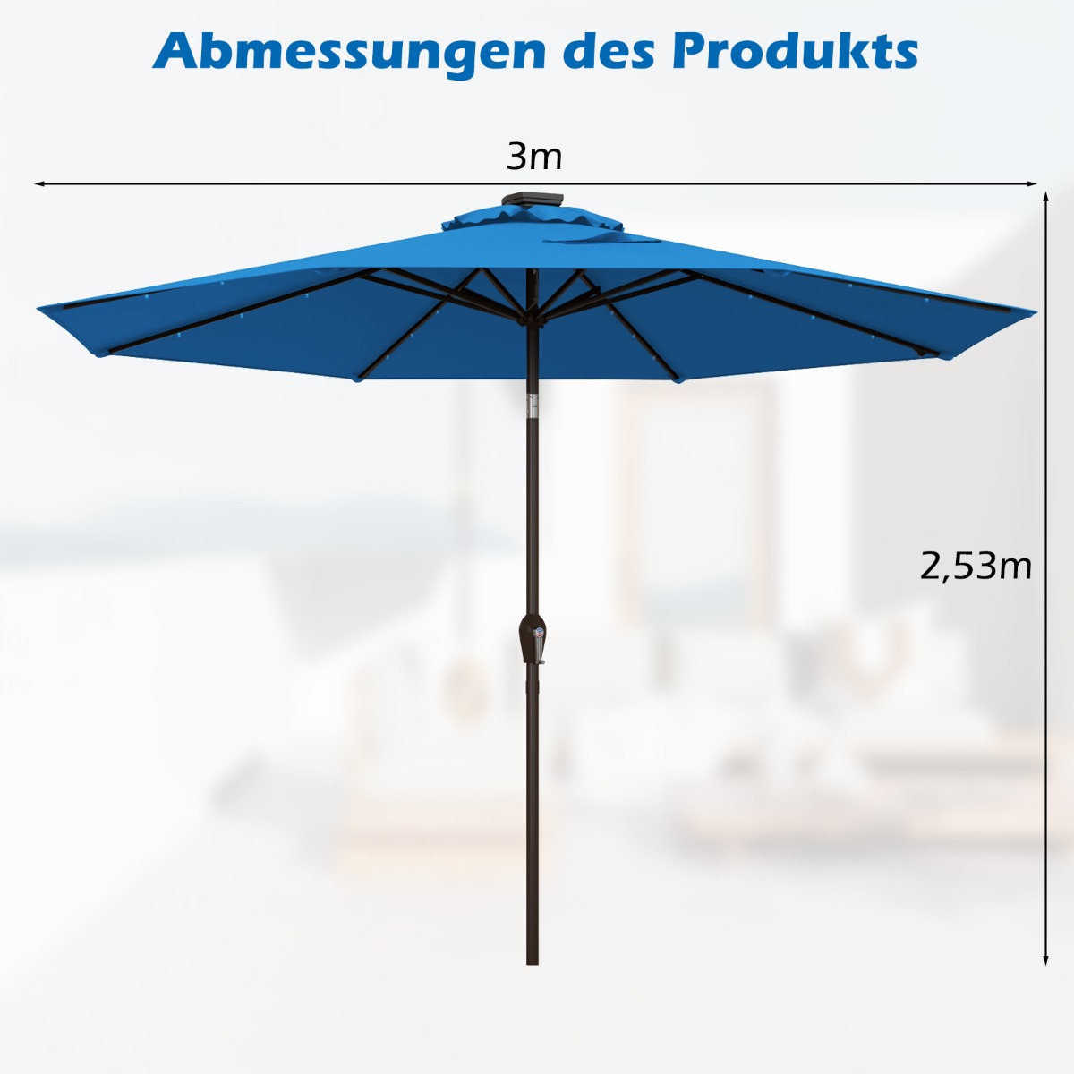 Led-valgustus liiklusvalgus ümmargune päikesevari päikesetoitega aiavari vändaga sinine