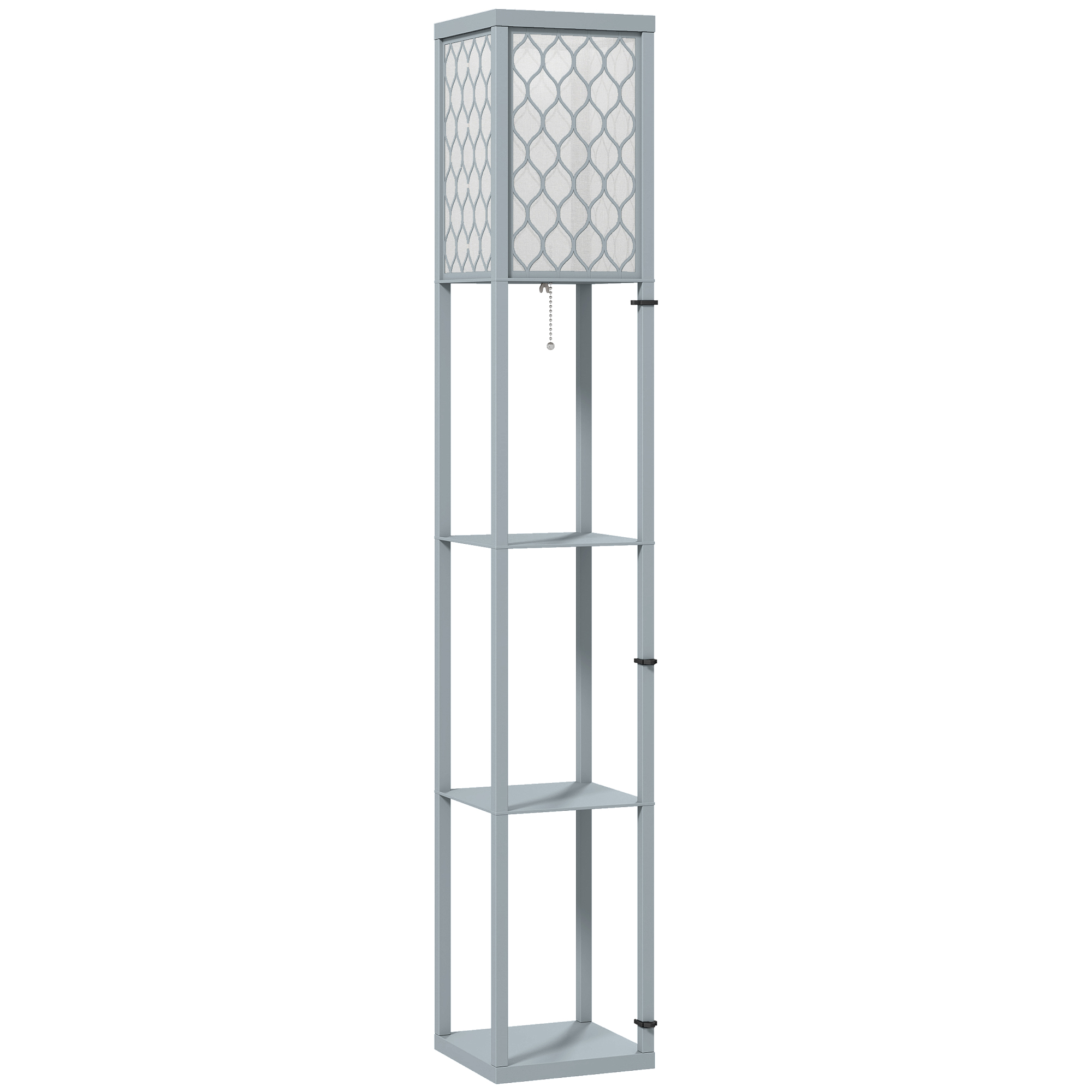 Põrandalamp riiuliga, 3 sektsiooniga, kompaktsed mõõtmed, MDF, helehall