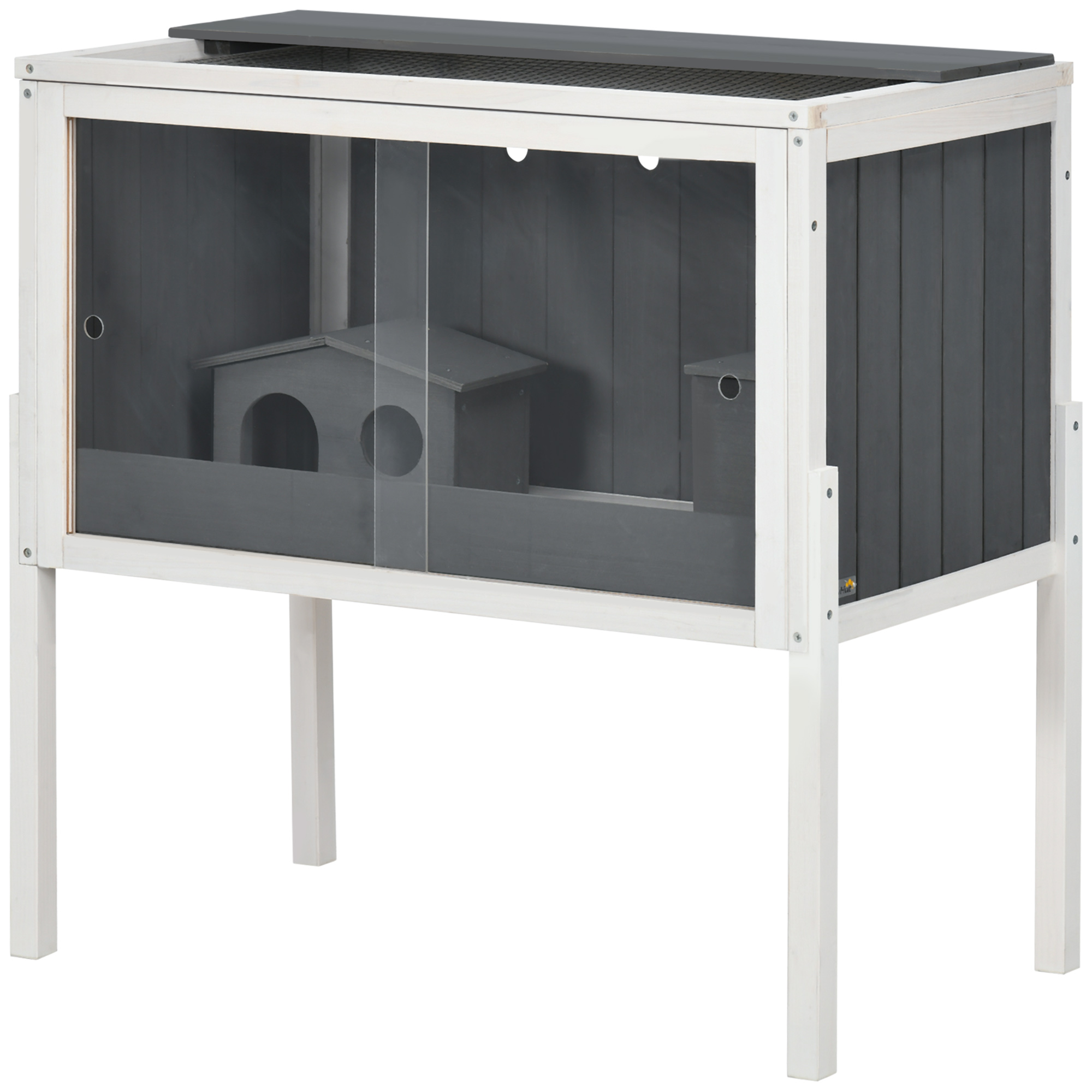 Hamstripuur, 3000 cm² kääbushamstripuur puidust ja metallist, 2 majaga, akrüülist lükanduksed, stabiilne, ohutu, hall+valge