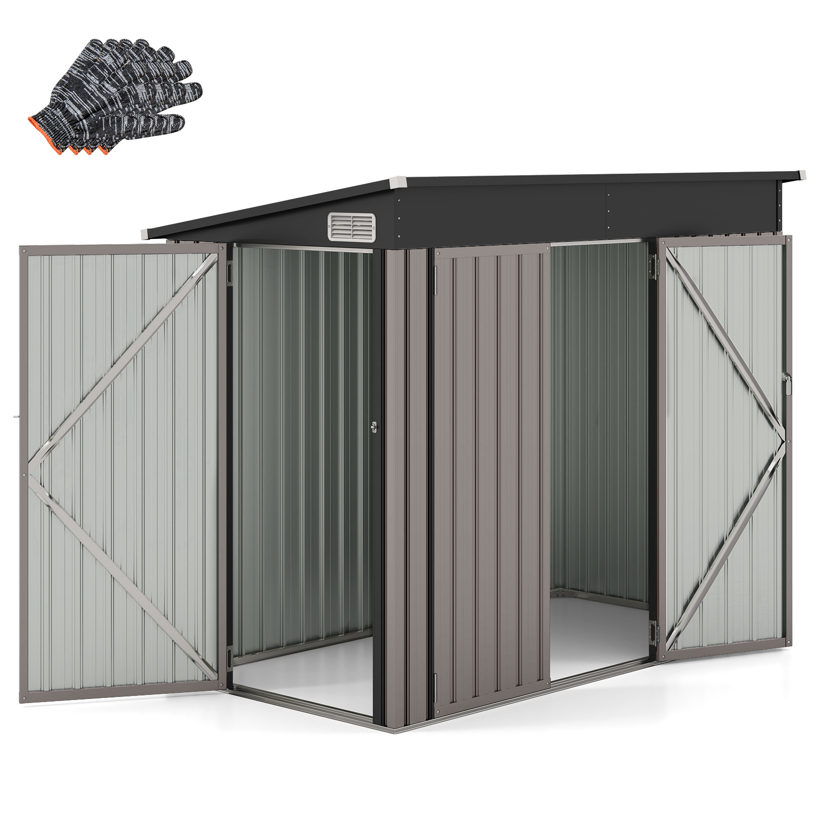 Metallist aiamaja esiukse ja külguksega ning kaldkatusega tööriistakuur 235 x 117 x 185 cm helepruun