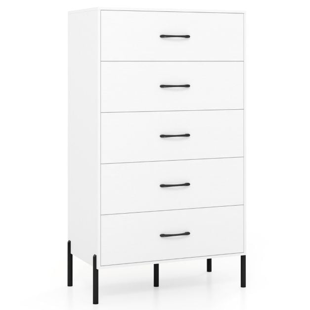 Moodne kõrge kummut metalljalgade ja käepidemetega - valge