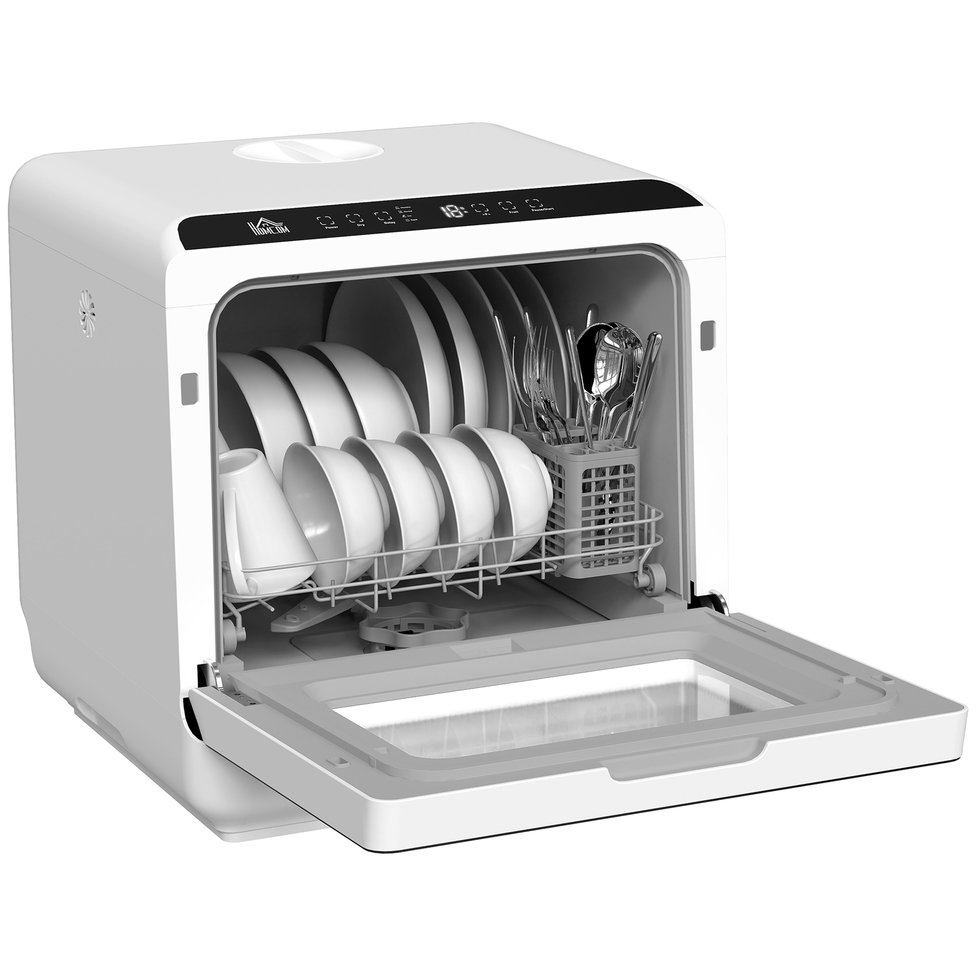 HOMCOM lauapealne nõudepesumasin, mini-nõudepesumasin 6-liitrise paagiga, 5 programmi, LED-ekraan, kuivatamisfunktsioon, valge