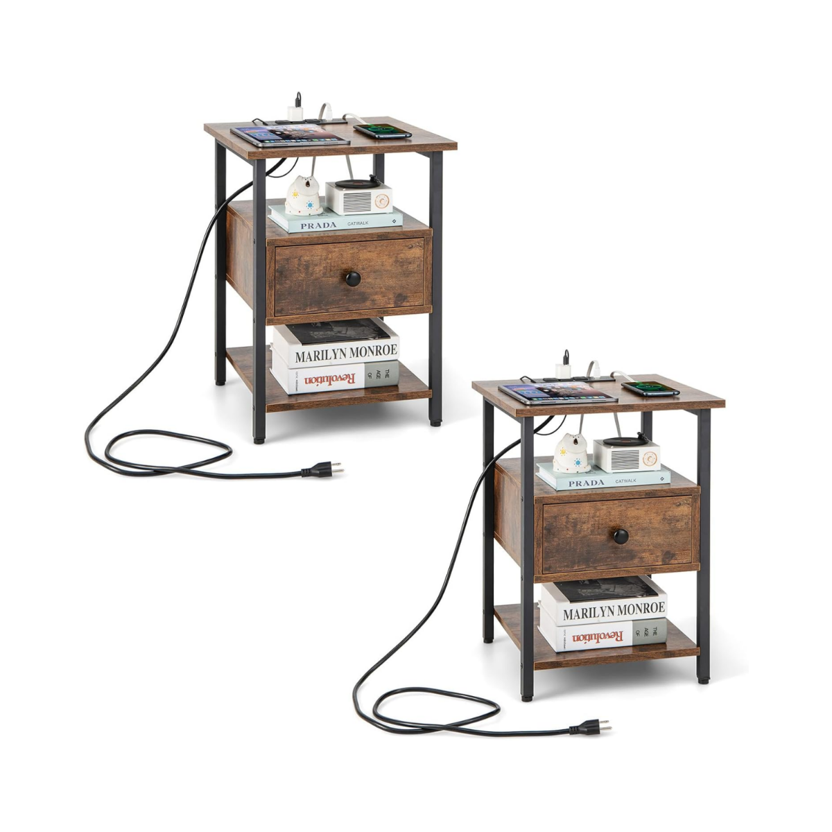 Öökapp laadimisjaama ja sahtliga öökapp avatud riiulitega 40 x 40 x 55 cm 2 tükki