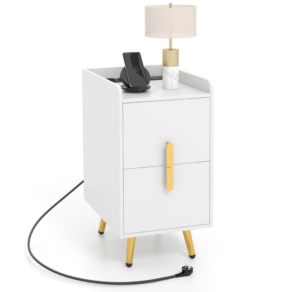 Öökapp laadimisjaamaga kitsas öökapp 2 sahtli ja usb-pesadega 40 x 32 x 60 cm valge