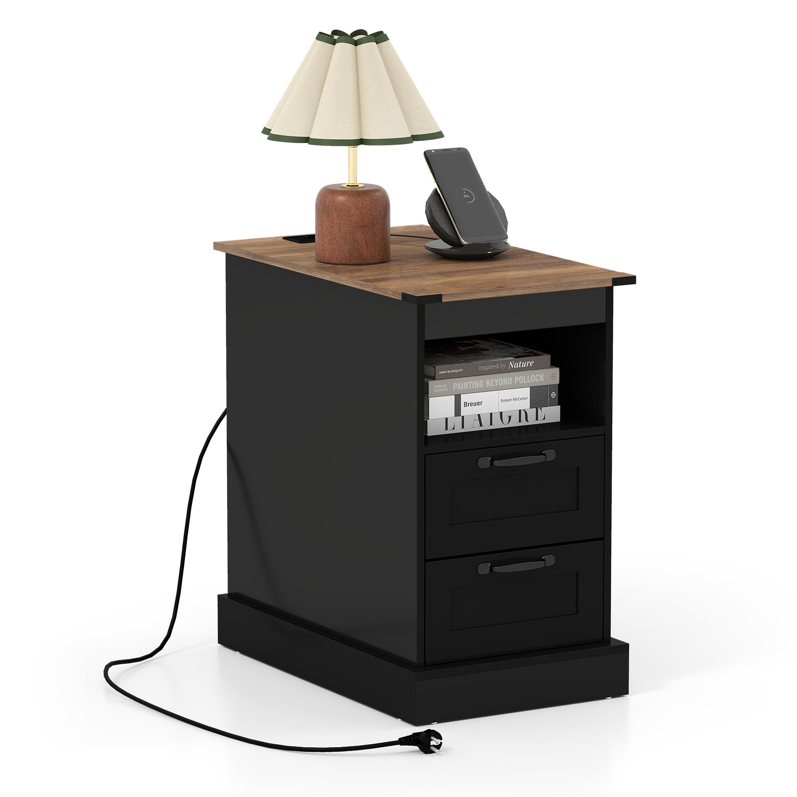 Öökapp laadimisjaamaga, kitsas abilaud avatud hoiuruumi ja 2 sahtliga, must