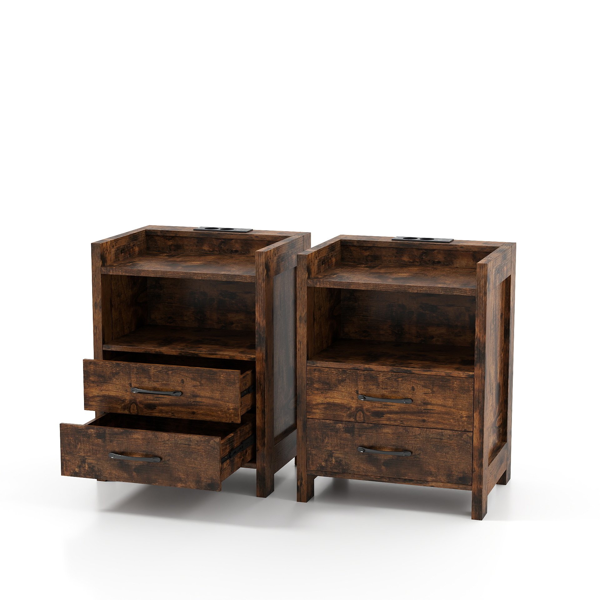 Öökapp LED-tulede ja laadimisjaamaga, öökapp kahe sahtli ja avatud riiuliga, maalähedane pruun abilaud, 45 x 35 x 60 cm