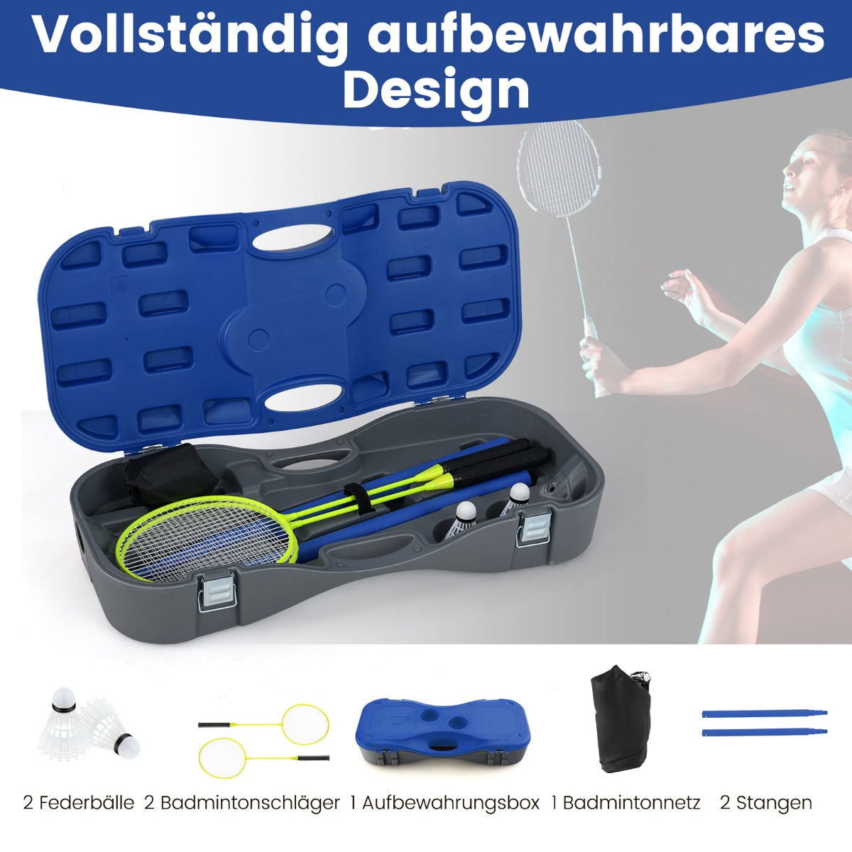 Sulgpallivõrgu alus kaasaskantav sulgpallimäng reketitega täielik sulgpallikomplekt sinine