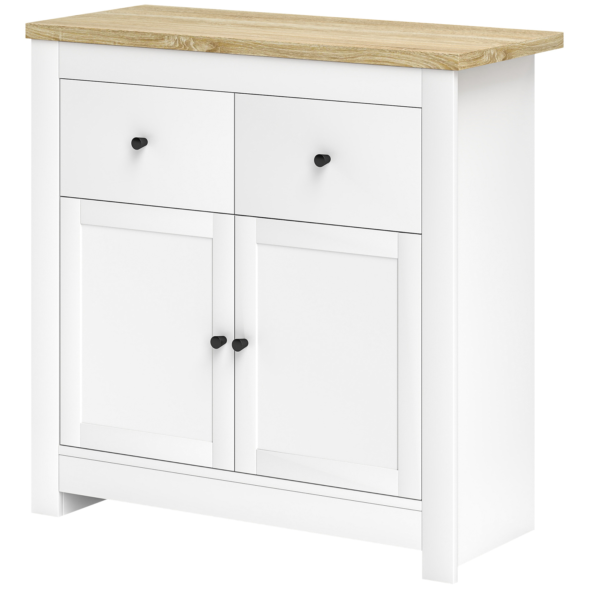 Kummut rohke hoiuruumiga, pehmelt sulguvate ustega külglaud, 2 sahtlit, reguleeritava kõrgusega riiul, valge