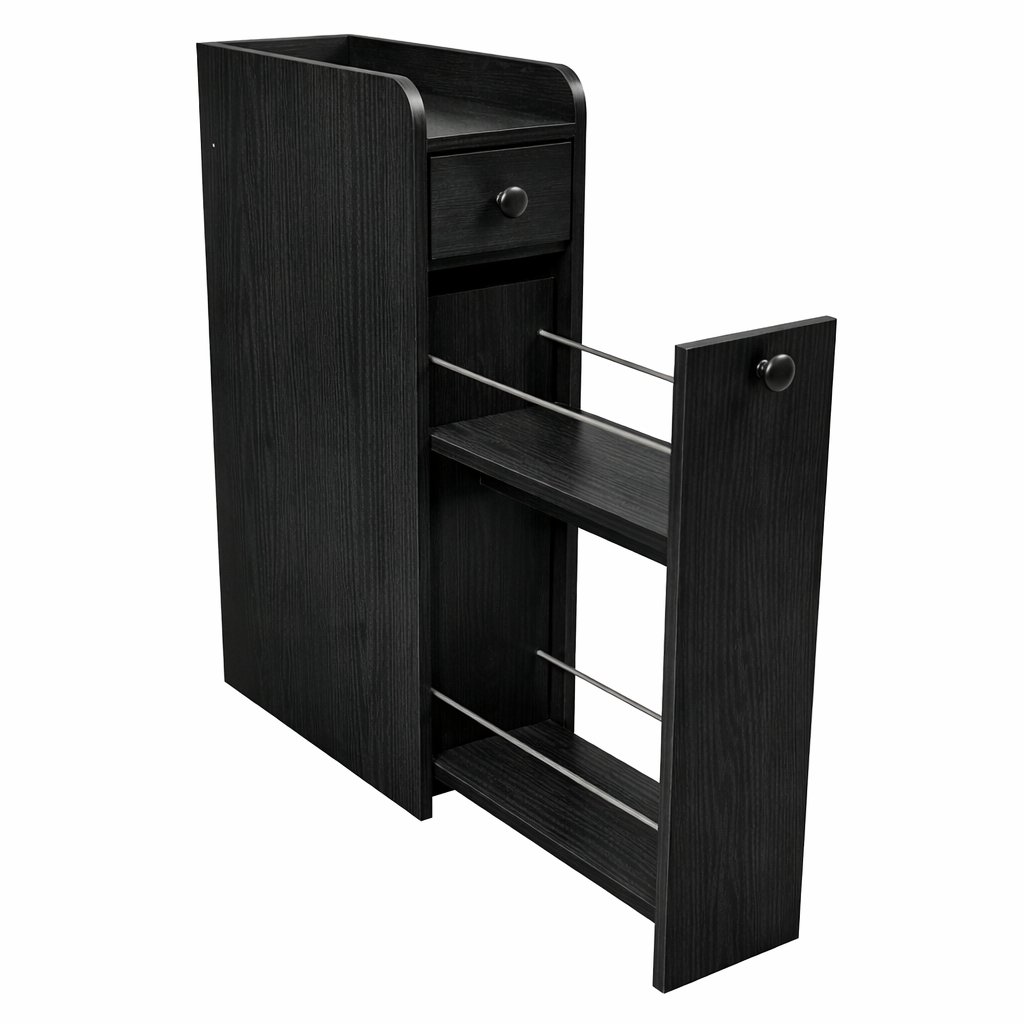 Nišikapp ratastel, avatud riiuli ja kahe sahtliga. Kitsas ratastel käru, niššikäru, must.