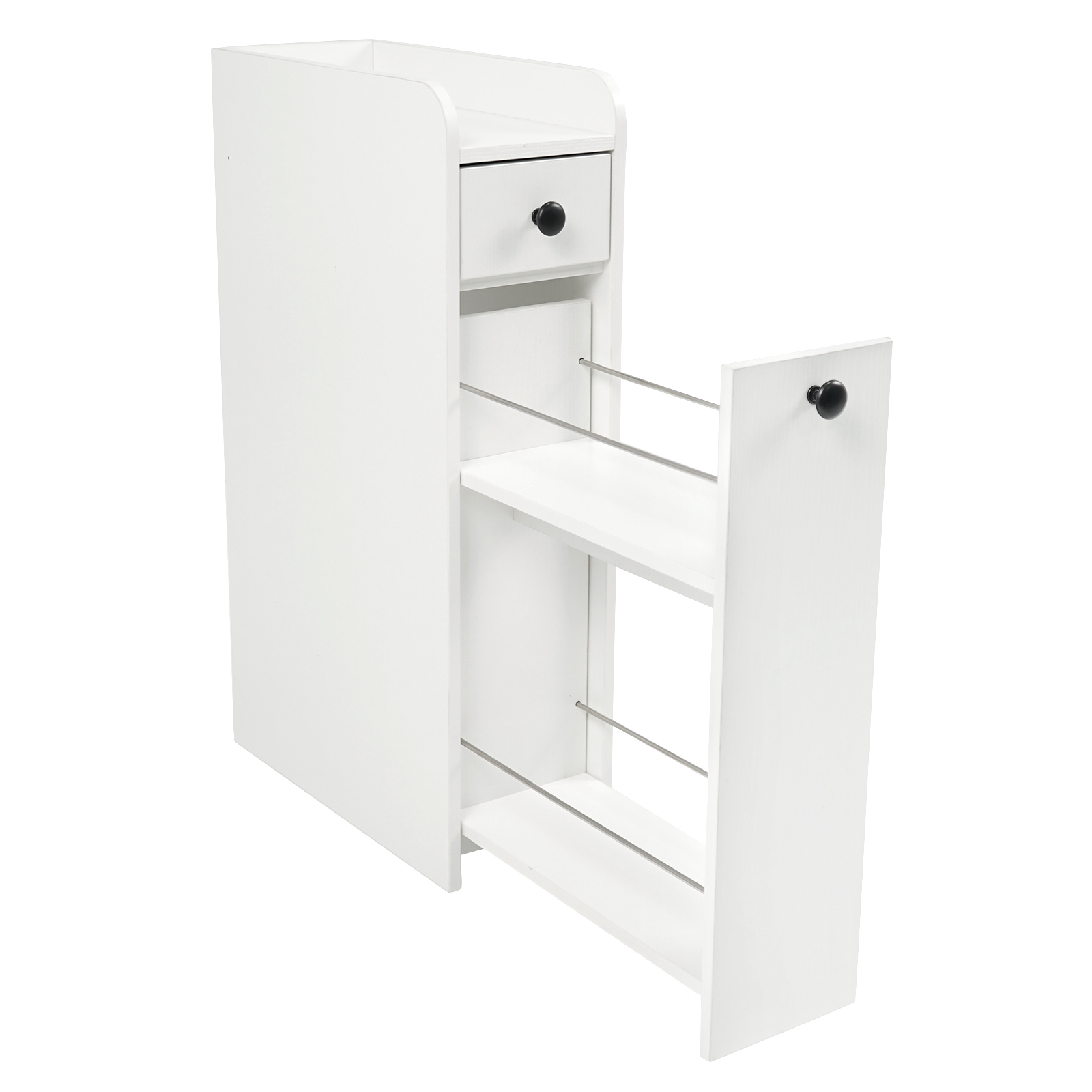 Nišikapp ratastel, avatud riiuli ja kahe sahtliga. Kitsas ratastel käru, niššikäru, valge.