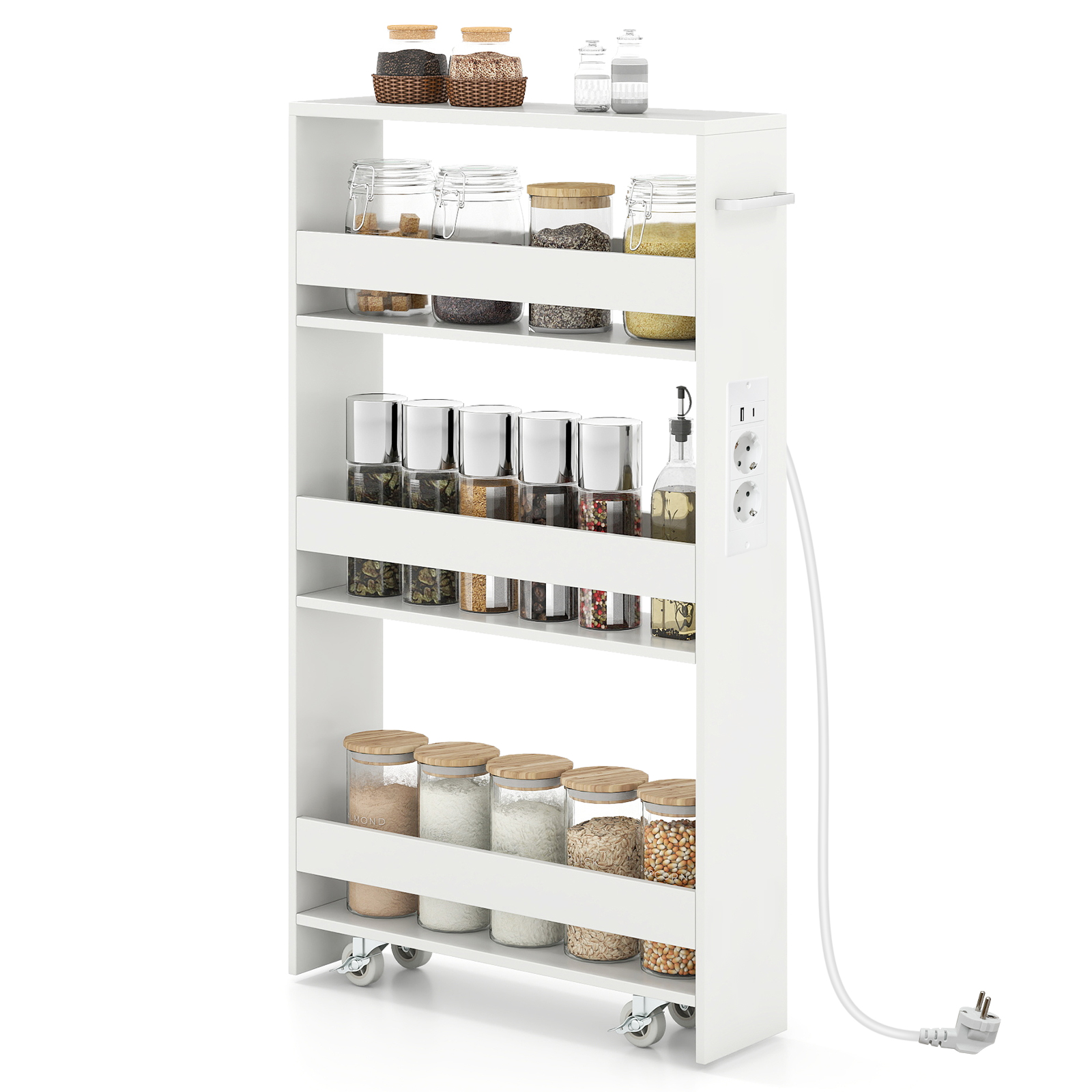 Nišikäru 13 cm lai, 4-tasandiline, kitsas köögikäru laadimisjaamaga, niširiiuliga ratastel, valge