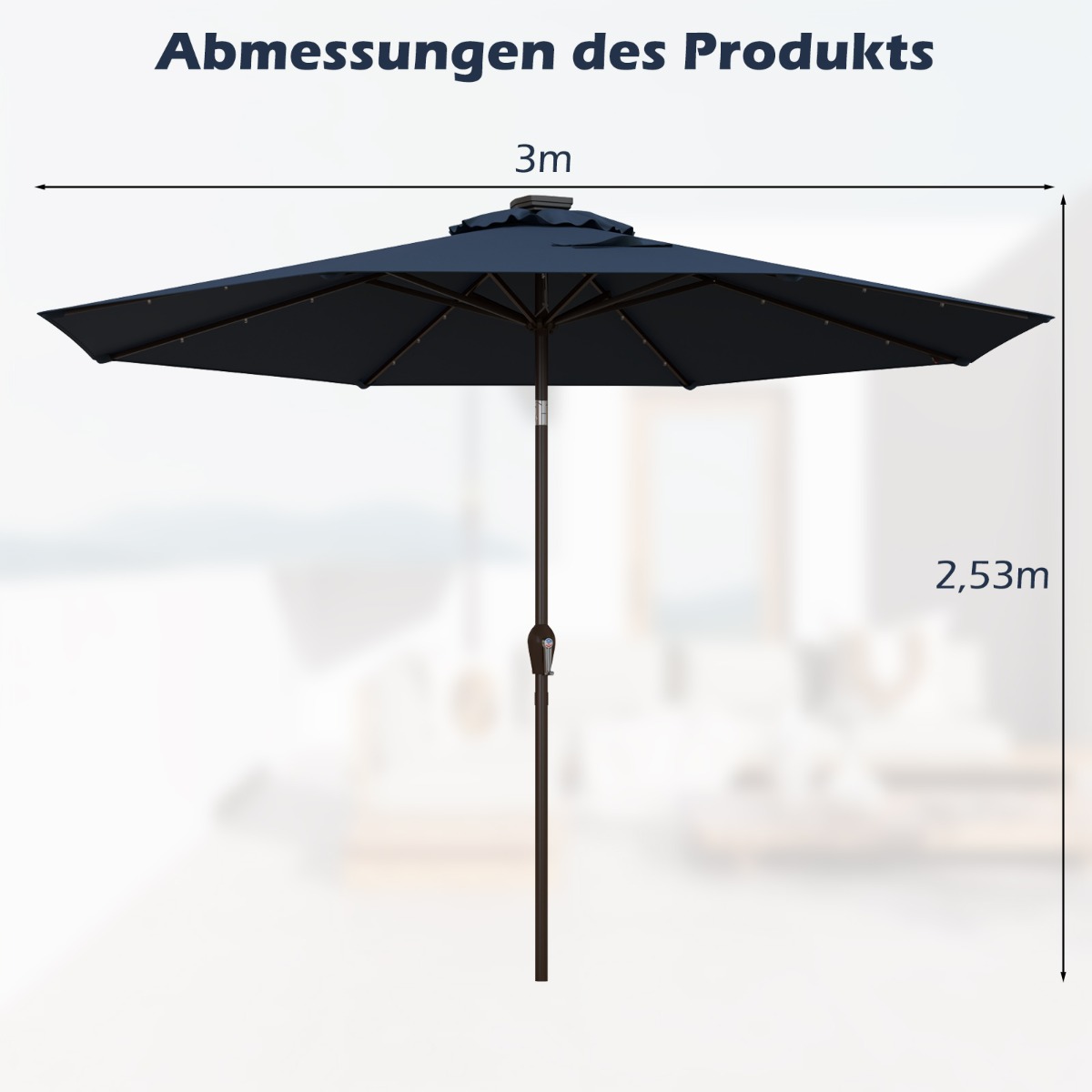 Led-valgustusega ümmargune päikesevari päikesepatareiga aiavari vändaga tumesinine