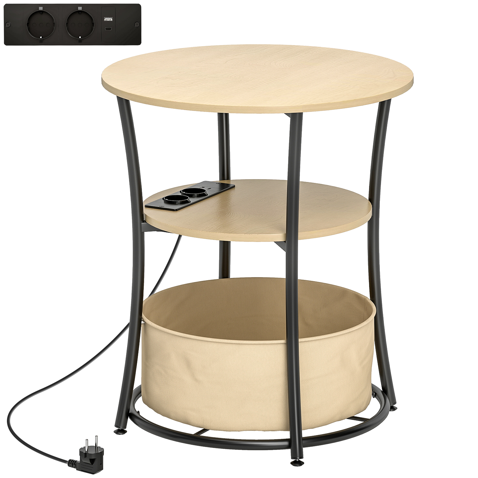 Abilaud, 3-korruseline kohvilaud laadimisjaamaga, riidest hoiukott, riiul, 50x50x55,1 cm, naturaalne puit