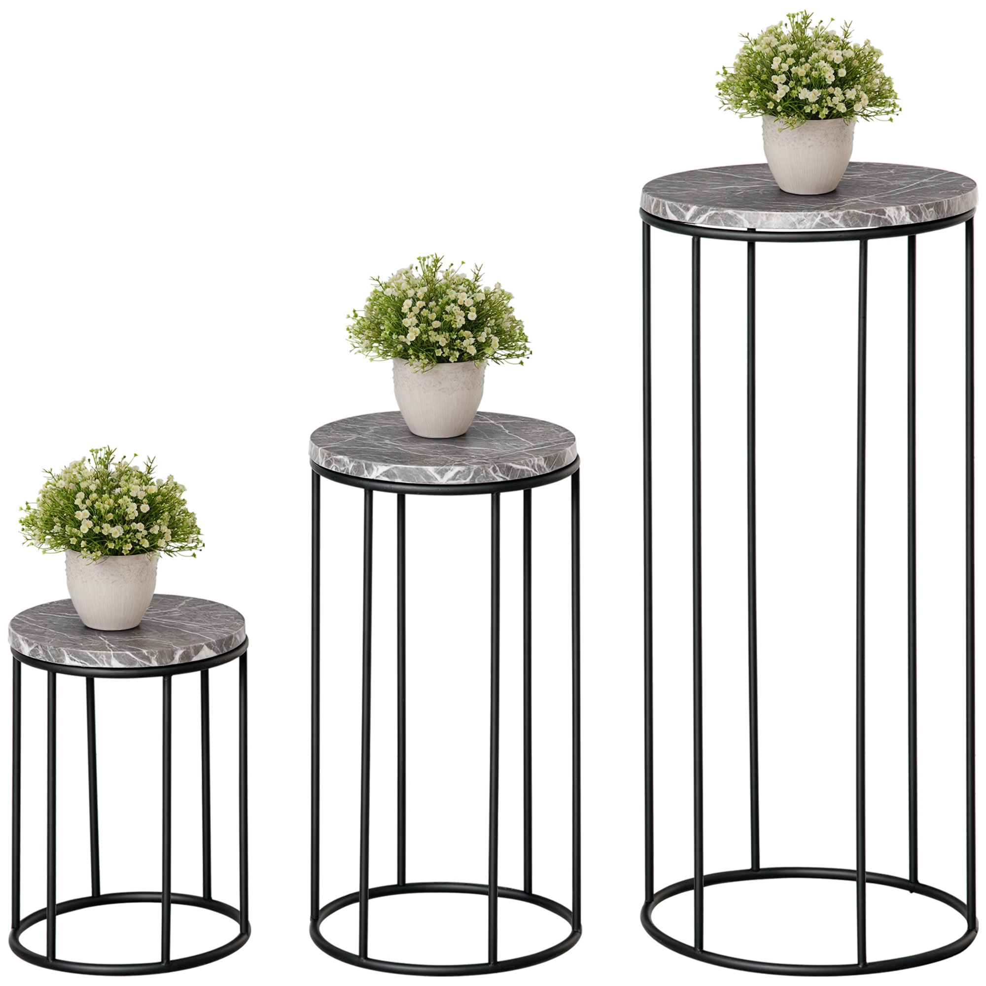 3 metallist lillealuse komplekt, marmori imitatsiooniga taimealused, virnastatavad lillepotihoidjad, must ja hall