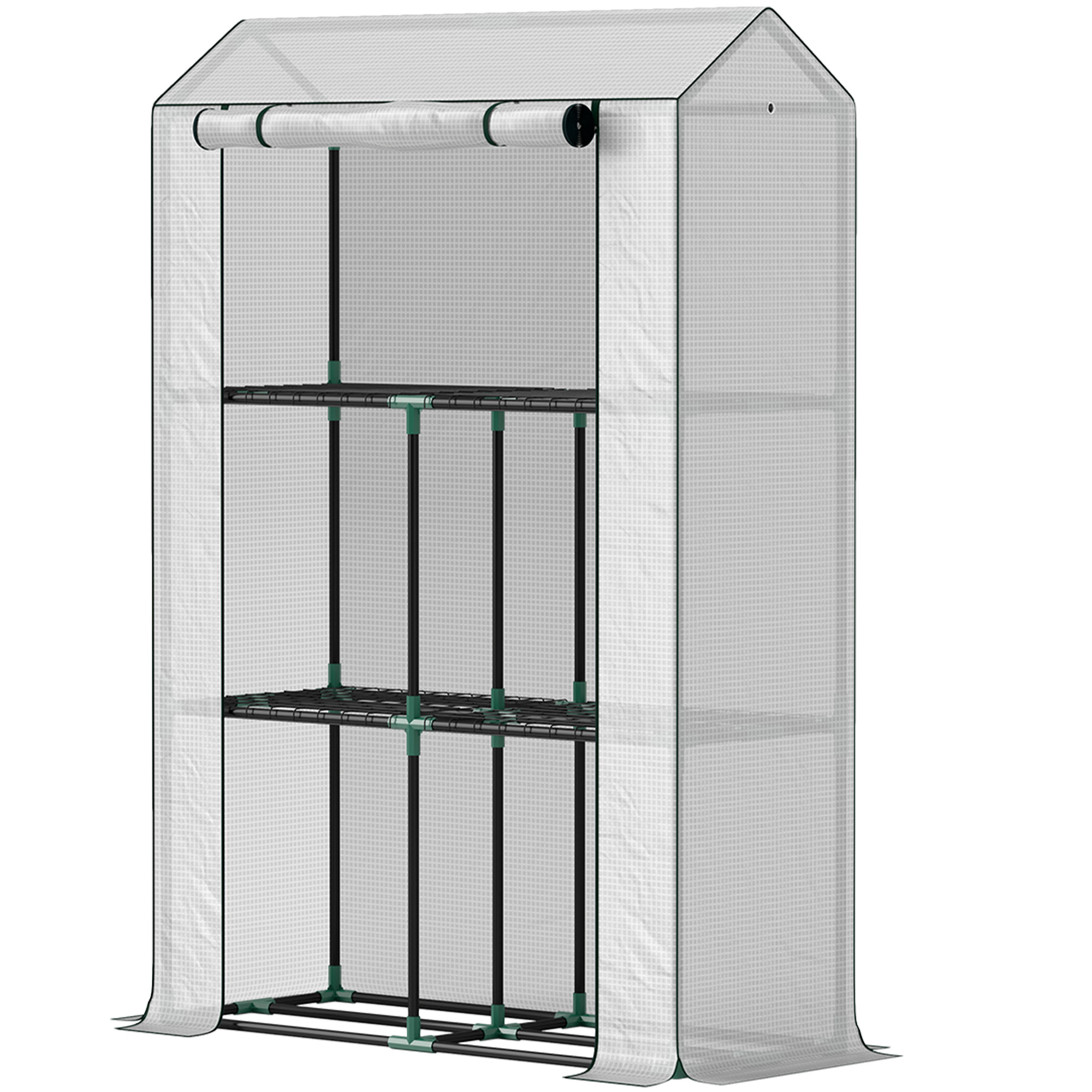 Kasvuhoone 3-korruselise riiuliga, UV-kindla plastkattega, rulluksega, 100 x 40 x 150 cm, valge