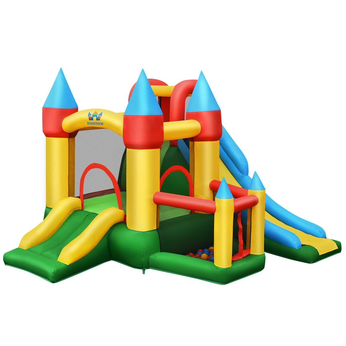 Täispuhutav batuutloss 780W õhupuhuriga, 2 liumäge, batuutloss lastele, 330 x 300 x 210 cm, värviline