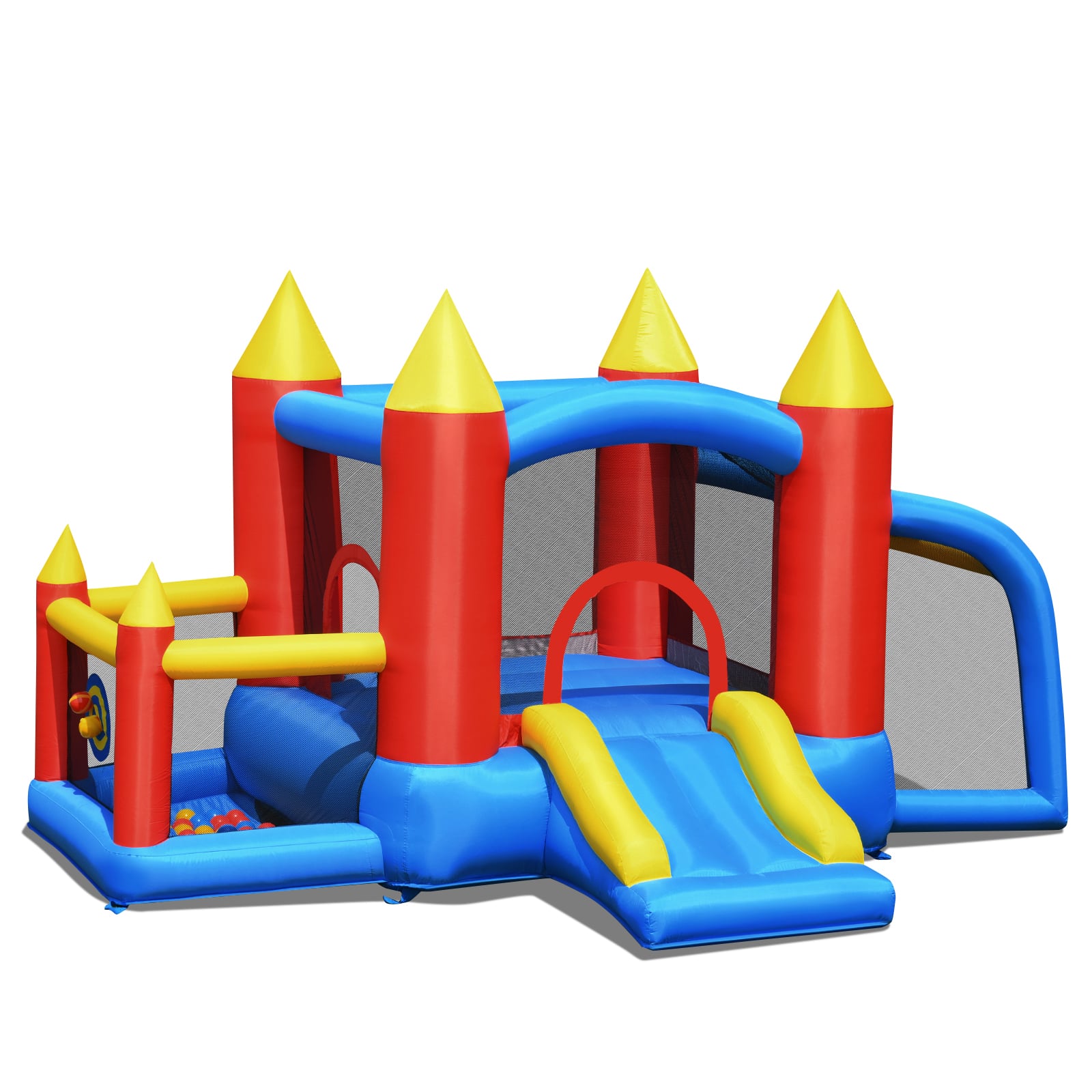 Täispuhutav batuutloss 450W puhuriga, liumäe ja ookeanipallidega, 350 x 275 x 196 cm, värviline