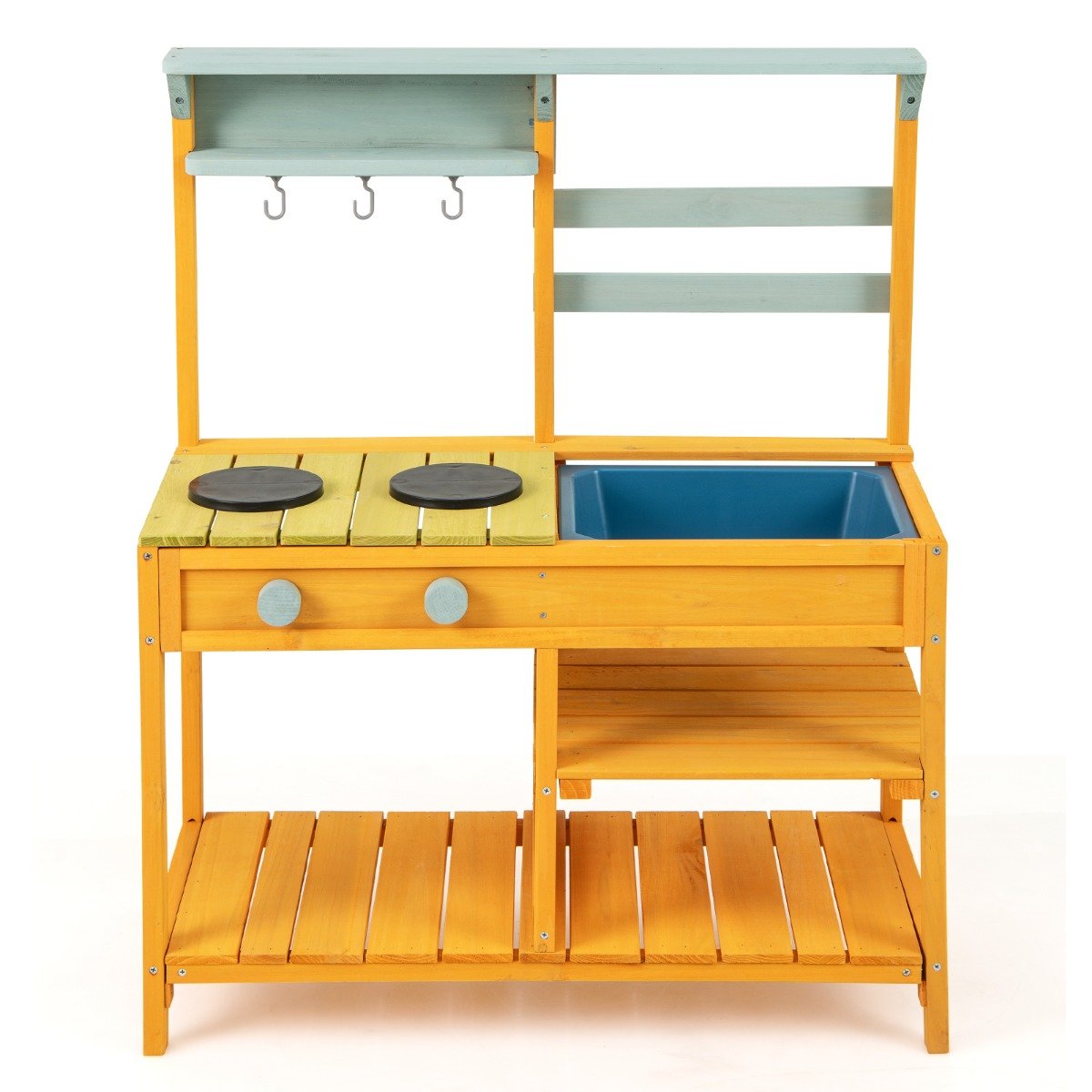 Mänguköök lastele kuusepuidust koos pliidi pöördnuppude ja kollase kraanikausiga