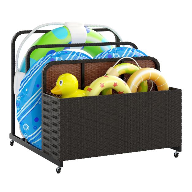 Basseini hoiukorv ratastega pe rotangist hoiukonteiner ujumisvahendite jaoks pruun